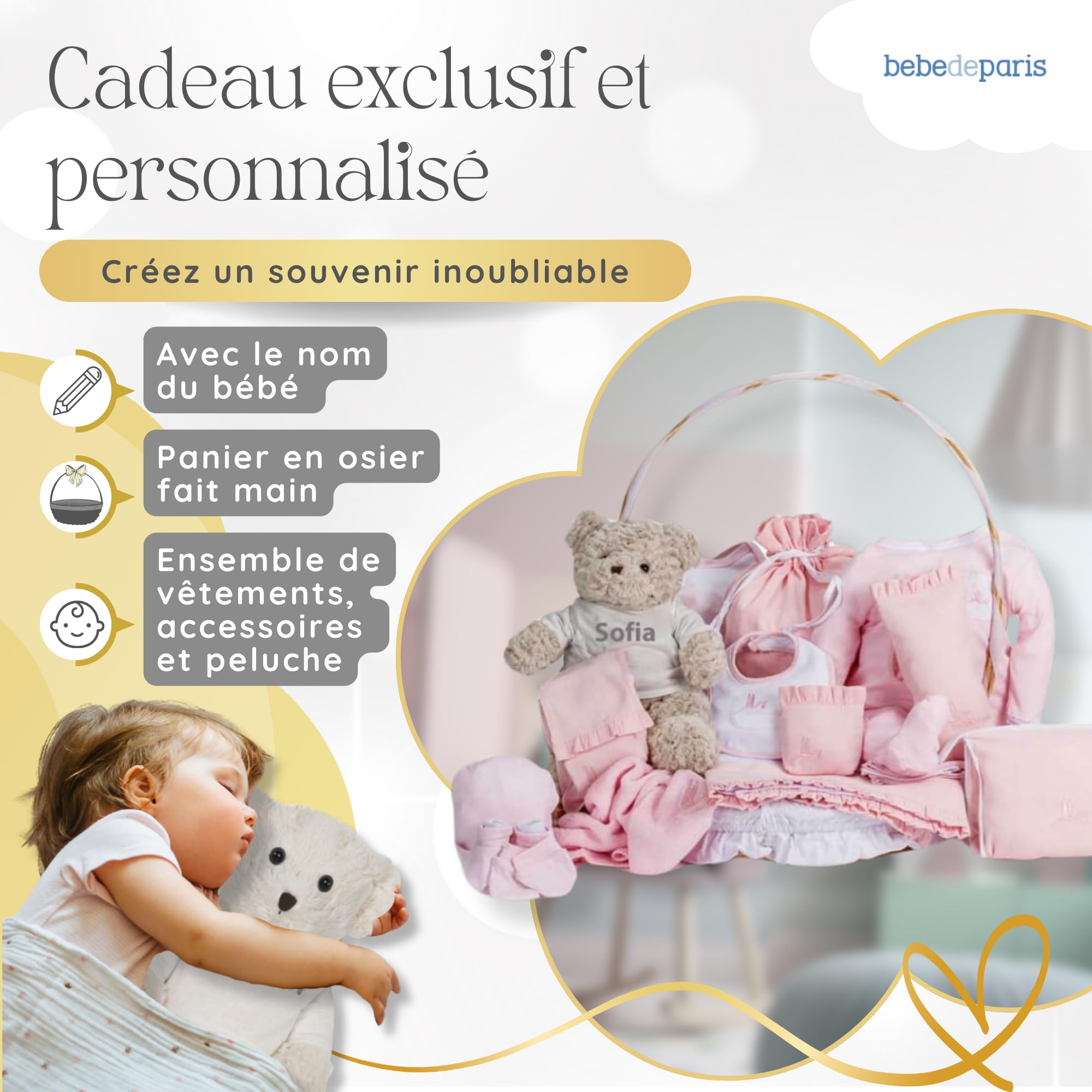 Coffret cadeau bébé Classique Pleine avec Ours - panier cadeau nouveau-né- coffret cadeau naissance - coffret vêtement bébé - bouquet de naissance - Taille 3/6 mois (Rose) | BebeDeParis