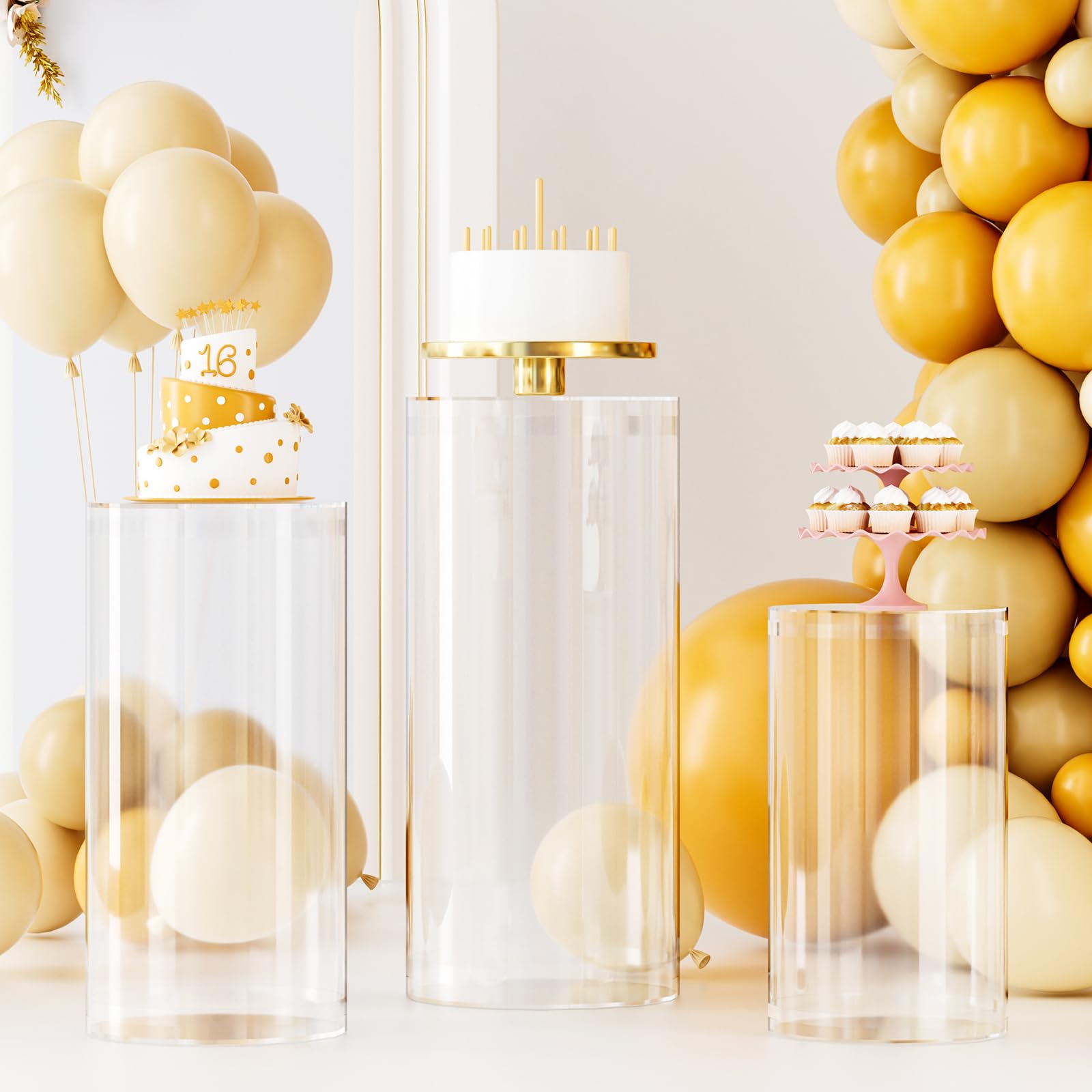 Clear Cylinder Pedestal Stand for Party Set of 3 Large Round Cylinder Pedestal Display Plinth Pillars for Wedding Party Dessert Table with 3PCS Cake Stand for Birthday Ceremony Decor