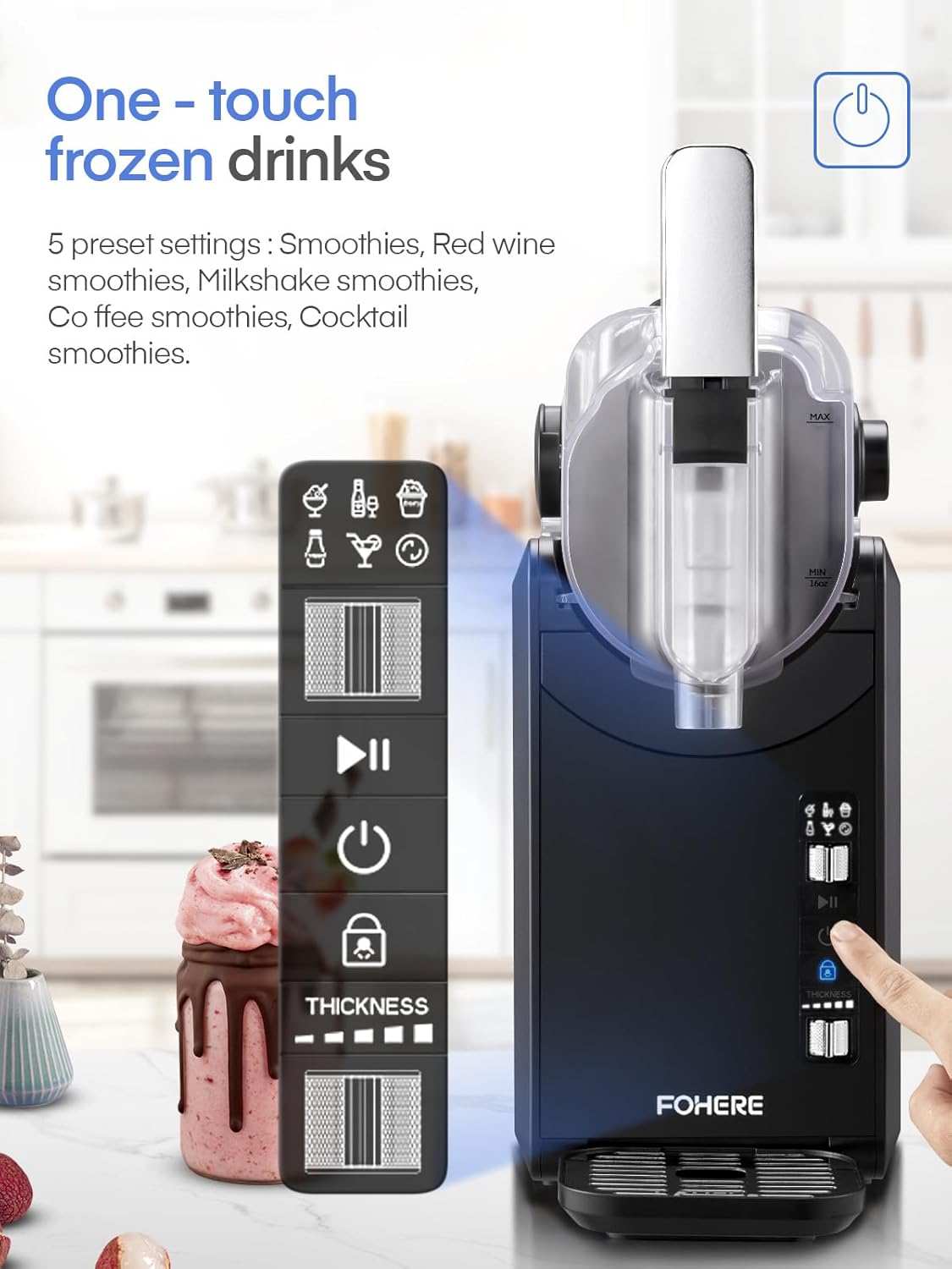 FOHERE Slushie Machine control panel with LED display and preset options.