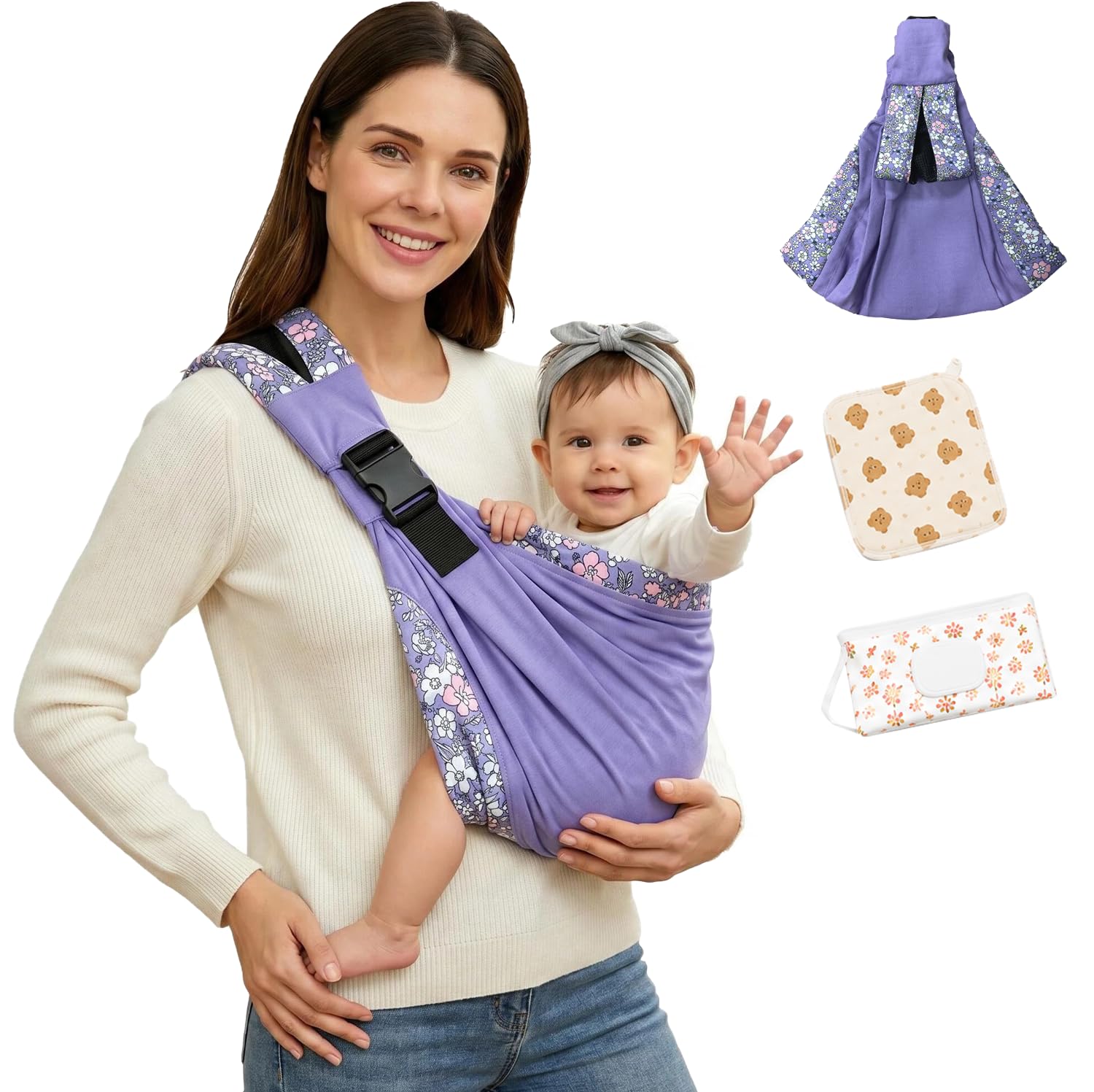 Baby Carrier Newborn to Toddler - Ergonomic, Cozy and Lightweight Infant Carrier for 3-20kg, Effortless to Put On, Ideal for Hands-Free Parenting, Enhanced Lumbar Support (Purple Flower)