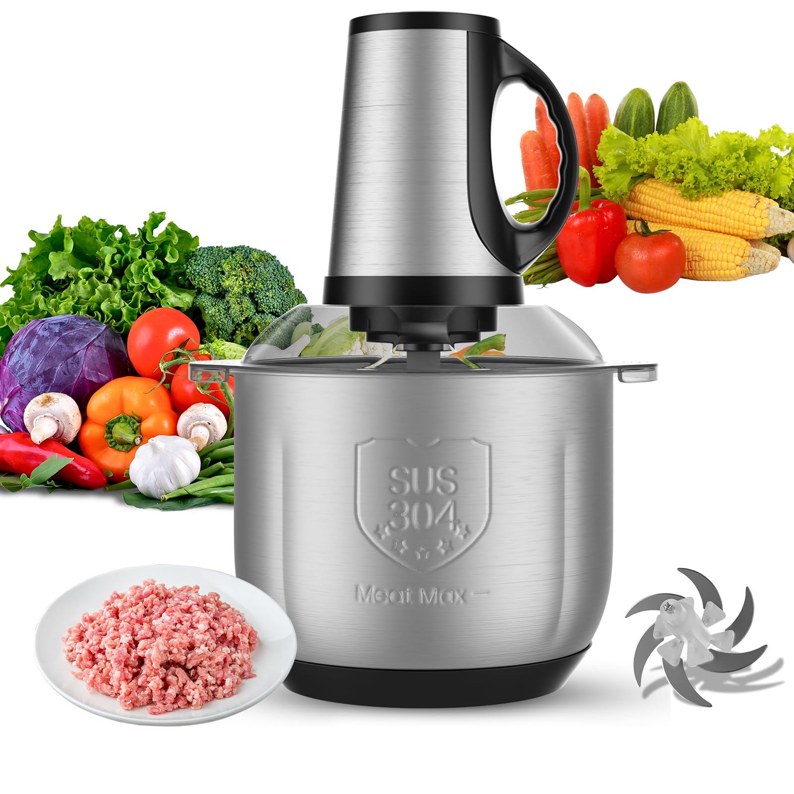 Picadora Eléctrica 4L con Bol de Acero Inoxidable 304, Motor Potente de 300W de Cobre Puro, 3 Velocidades, Upgrade Double S-Blades, Ideal para Carne, Verduras y Frutas