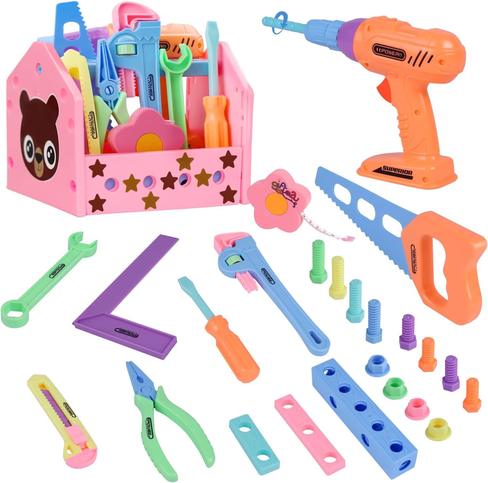 Gifts2U Girl Toy Tool Set, 30Pcs Pretend Play with Play Electric Drill and Carry Case Tool Box, Pink Construction Tool Box Kit for Children 3 4 5 6 7 Years Old