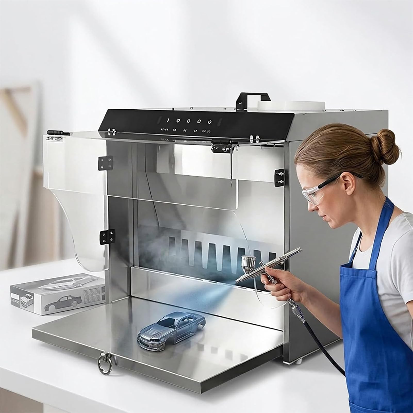 PweKzxt Commercial Water Curtain Paint Booth,Stainless Steel Spray Paint, Benchtop Airbrush Spray Booth,Waterfall Spray Booth,Touch Control, 33cm Workbench,2200 L/H Flow