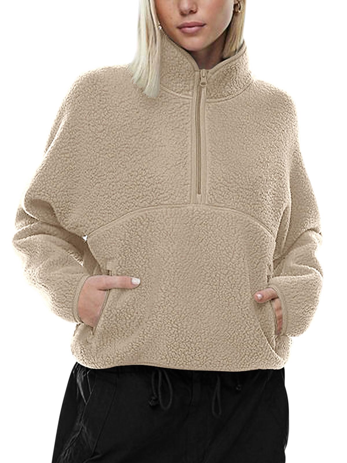 LASLULU Womens Half Zip Pullover Cropped Sweatshirts Sherpa Fleece Jacket Fuzzy Sweaters Cute Winter Jackets with Pockets