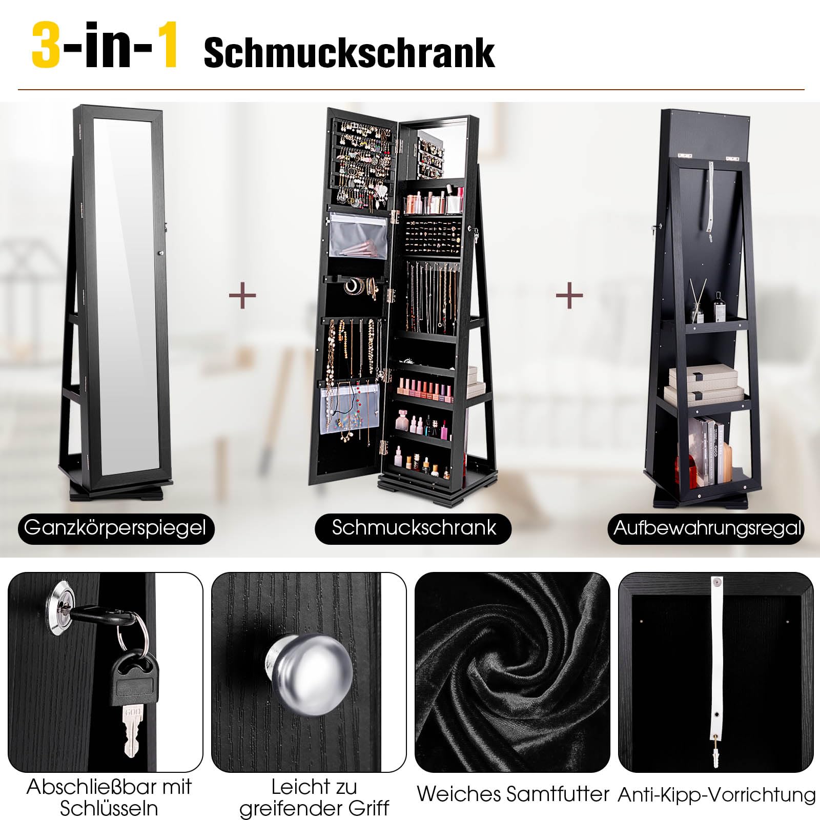 RELAX4LIFE 3-in-1 Schmuckschrank drehbar, mit Ganzkörperspiegel & eingebautem kleinen Spiegel, Spiegelschrank & Schmuckregal, Schrank für Schmuckaufbewahrung, abschließbar (Schwarz)