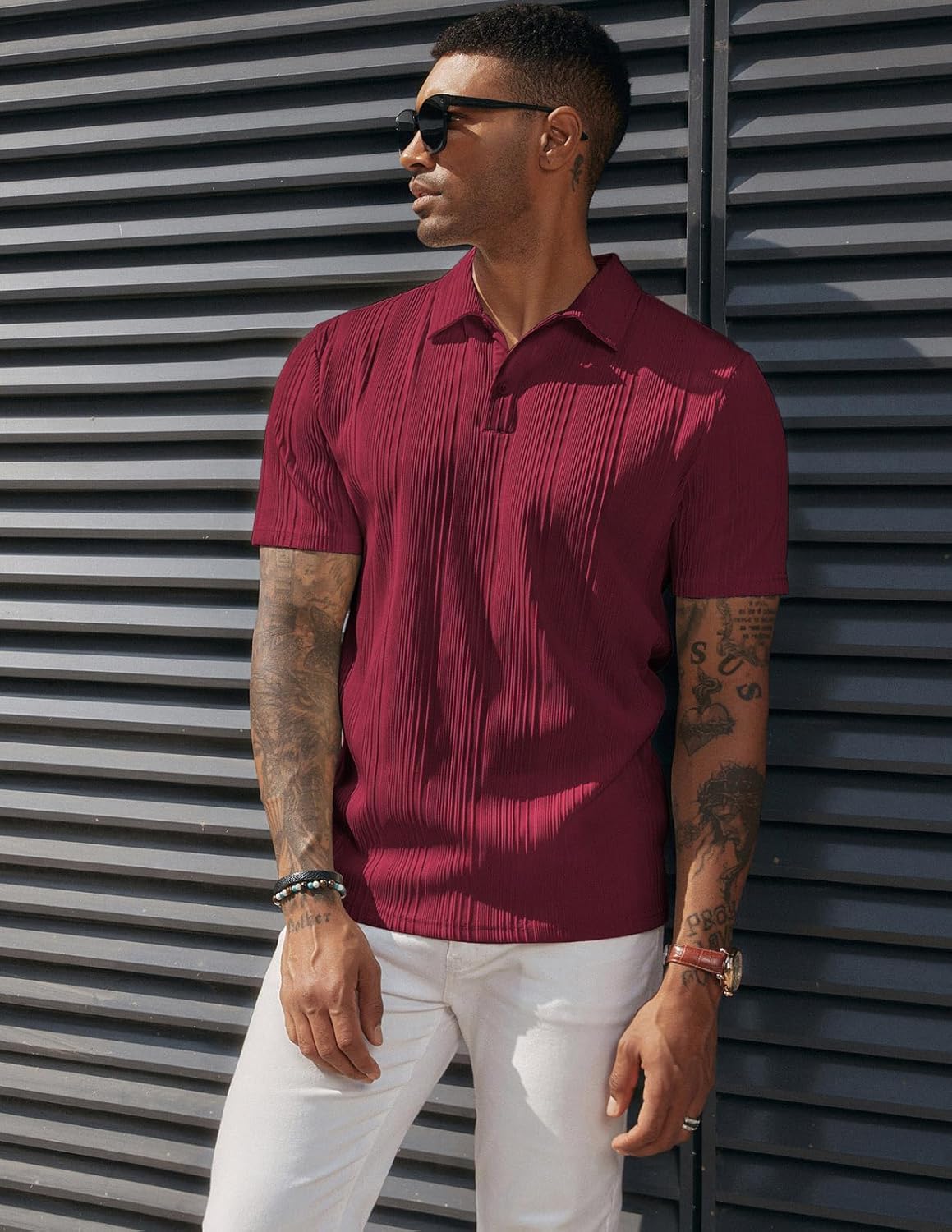 PJ PAUL JONES Mens Textured Knit Polo Shirts Regular Fit Stretchy Golf Shirts - Image 3