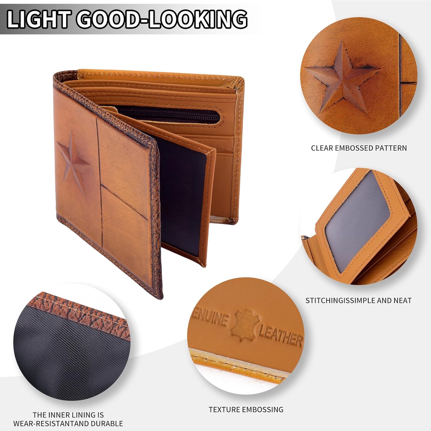 Full Grain Leather Bifold Wallet, RFID-Blocking for Men, Rodeo Style with 10 Slots (Brown, Stars), Gift - Image 3