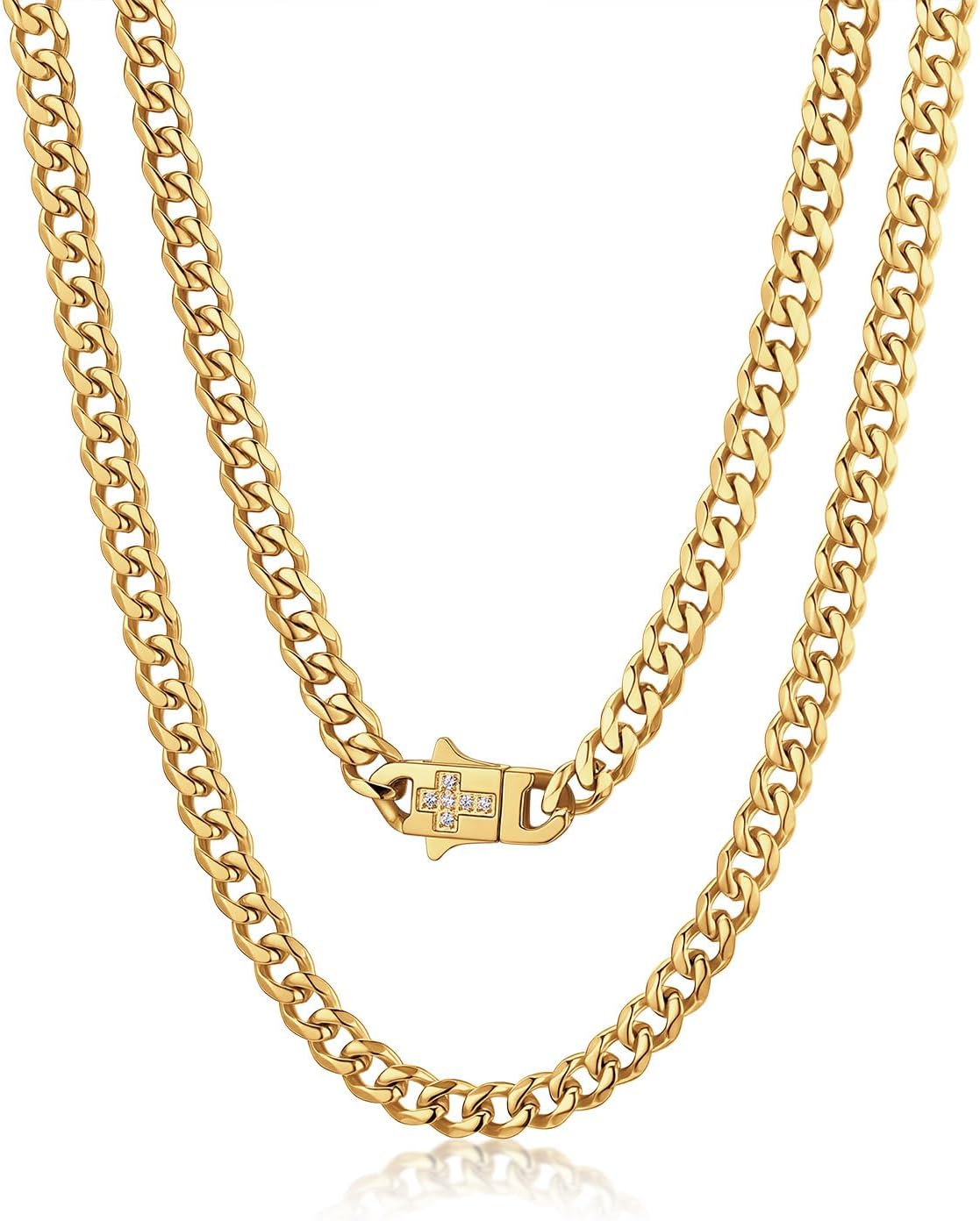 Bandmax 14K Gold Plated Black Stainless Steel Cuban Link Chain Necklace for Men Women, Cross White Zircon Clasp, 6/9/12MM Width, 18-30 Inch Length, Ideal Gift for Son Husband Father
