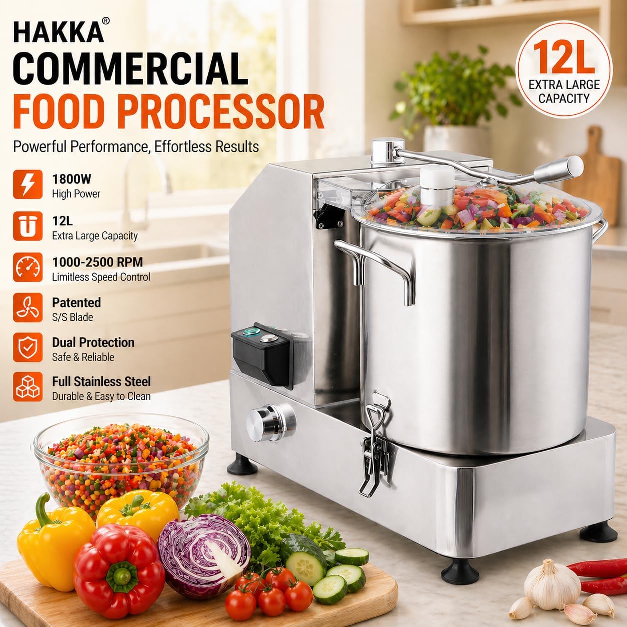 Hakka Commercial Food Processor, 2000W Electric Vegetable Cutter Heavy-Duty Veggie Chopper with Limitless Speed Control & Patented S/S Blade – 12L Capacity for Chopping Vegetable, Fruit, Bread & Meat