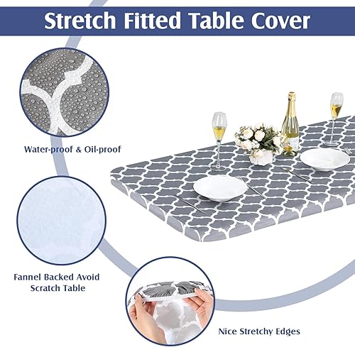 Miniatura 3 de Paquete de 6 manteles elásticos ajustables para mesas rectangulares de 6 pies, impermeables, de vinilo elástico, para picnic, patio e interiores y