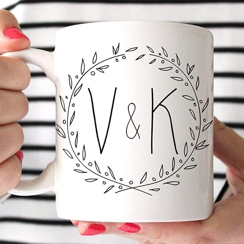Custom Initials Coffee Mug – Personalized Couple Monogram Cup with Leaf Wreath Design – Wedding Gift for Him or Her – 11oz or 15oz Ceramic Mug –
