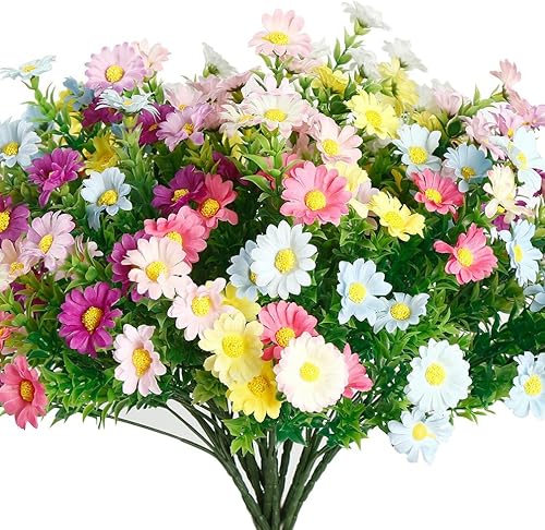 Vadiuyu 12 paquetes de flores artificiales, margaritas falsas, resistentes a los rayos UV, flores de plástico para interiores y exteriores, flores