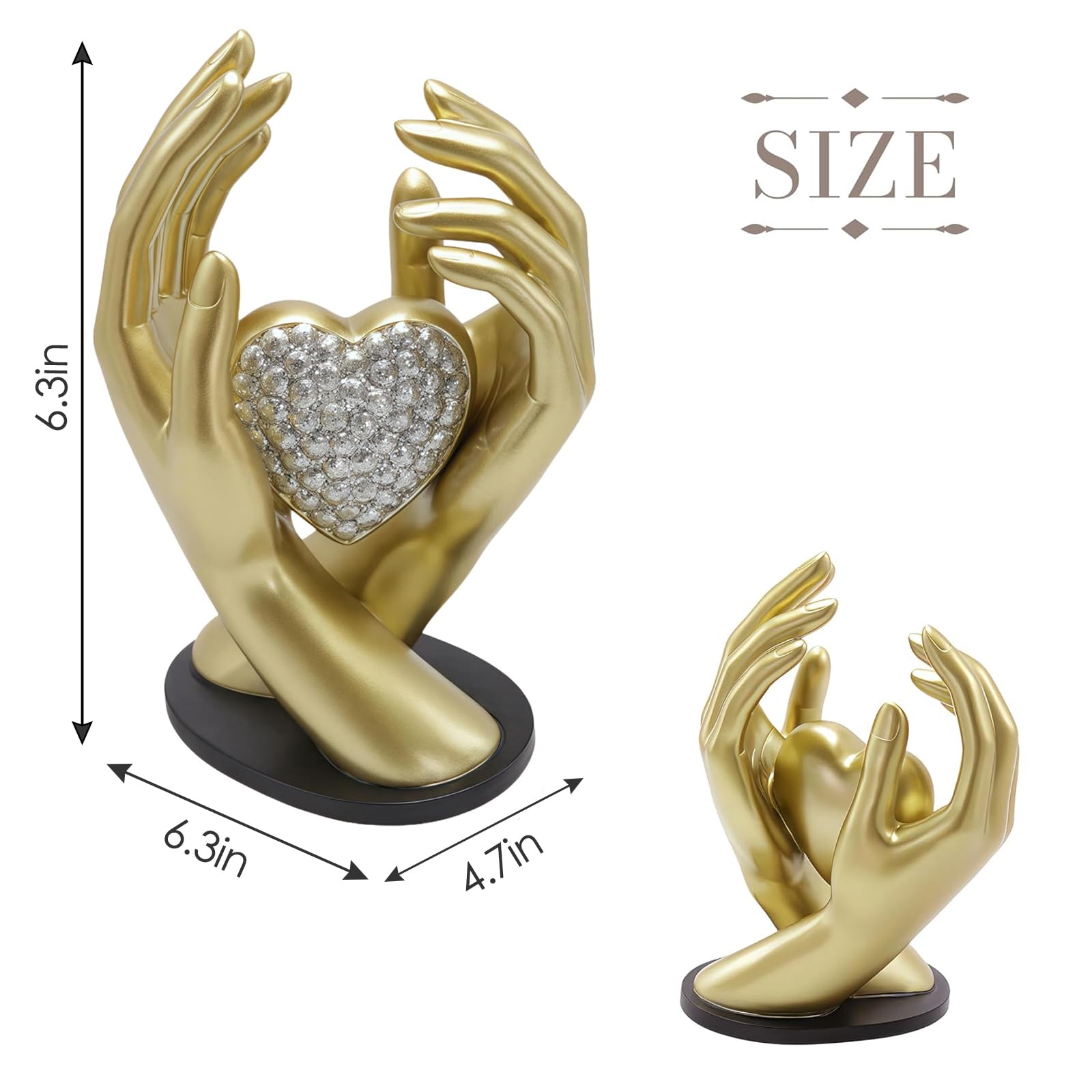 Decoración de mano dorada, sosteniendo una estatua de corazón, decoración de habitación, escultura de mano de corazón, perfecta para decoración de boda y como ambas manos sosteniendo un