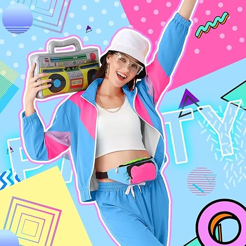 Miniatura 2 de Conjunto de accesorios para disfraz de los años 80 y 90 para mujer, diseño de bloques de color, chaqueta rompevientos, paquete de cangurera neón