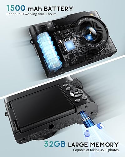 Vista 6 de Cámara digital 4K para fotografía, cámara de vlogging de 50MP para YouTube, cámaras compactas con pantalla abatible de 180° de 2.8", zoom digital