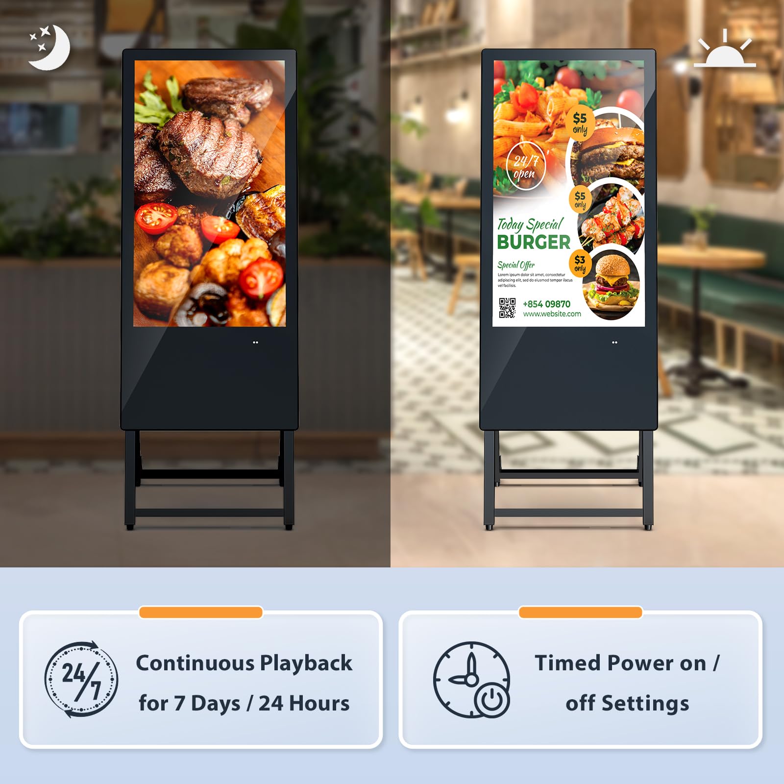 MWE 32 Zoll Innenbereich Digitaler Kundenstopper, LCD Werbedisplay Digital mit Rollen, Tragbarer Digital Signage, Geeignet für Einkaufszentren, Restaurants, Hotels, Produktpräsentationen
