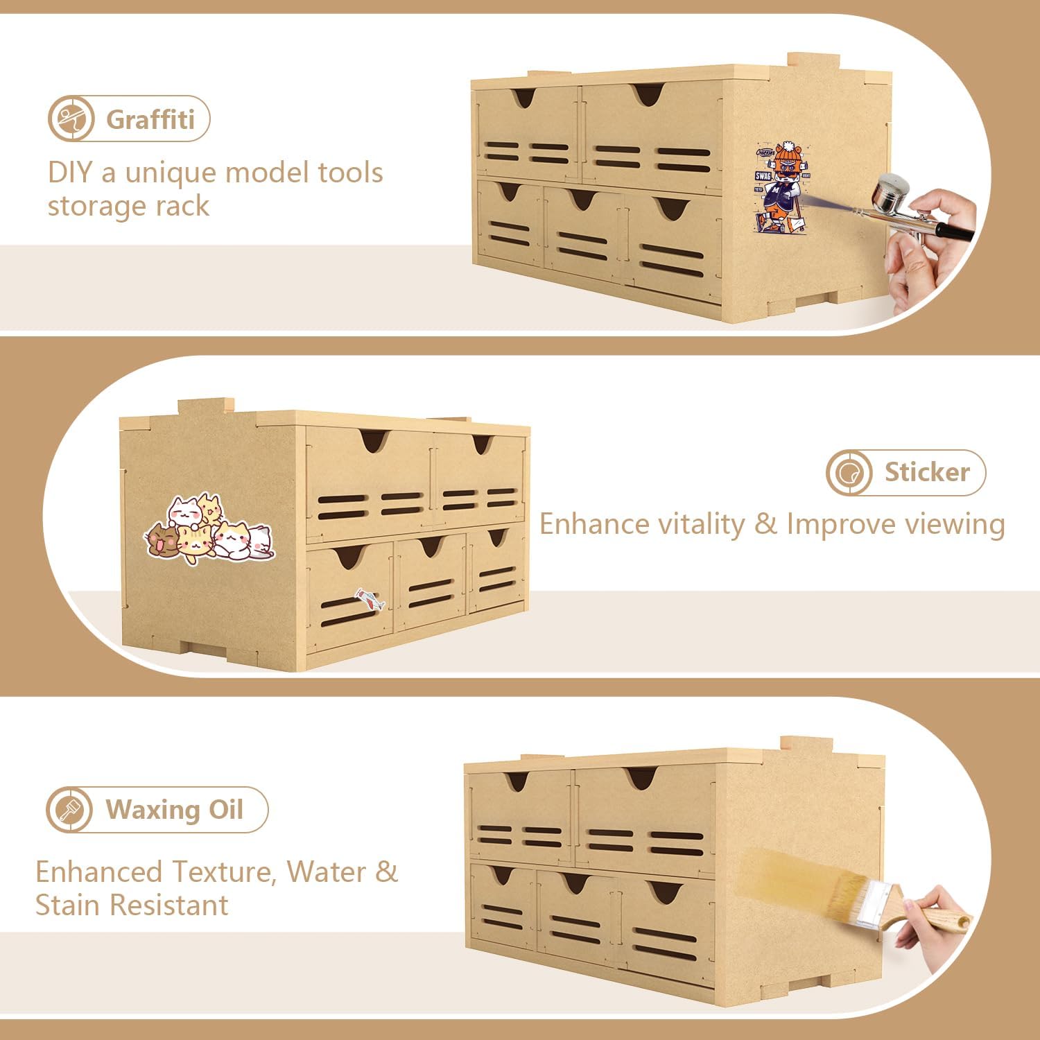 Plastic Model Kit Tool Storage Rack, Drawer Hobby Modeling Tool and Parts Storage,Wooden Paint Organizer with MDF Material, Craft Supplies Storage for Tamiya Gundam Tools, GK2