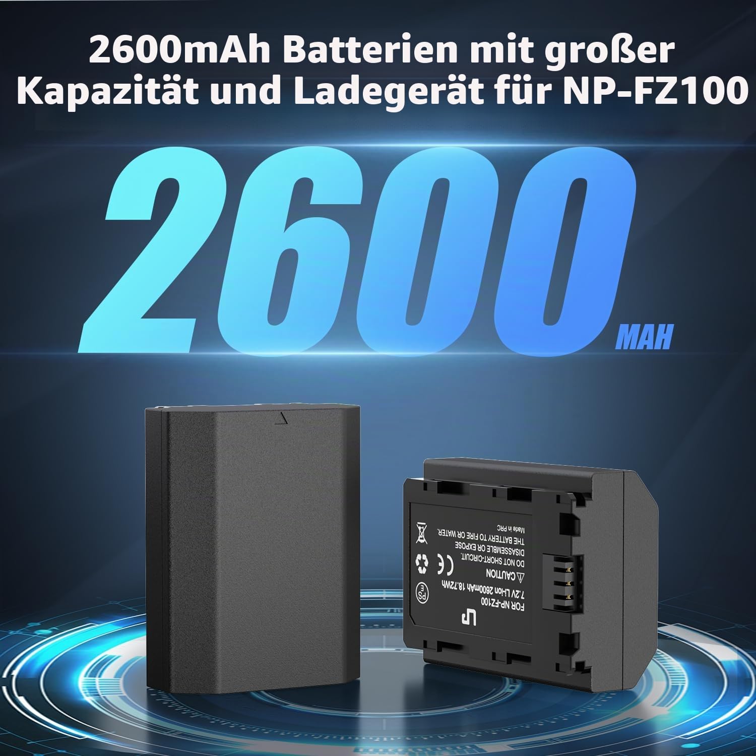 LP NP-FZ100 Akkus und USB-C Ladegerät,2-Stück 2600mAh Ersatzakku für Sony A7iii, A7iv, A7C, FX3, FX30, A9, A6600, A6700, ZV-E1, ZV-E10ii, Alpha 9, A9S, A7R III, A7R IV, A7R V Kameraakkus