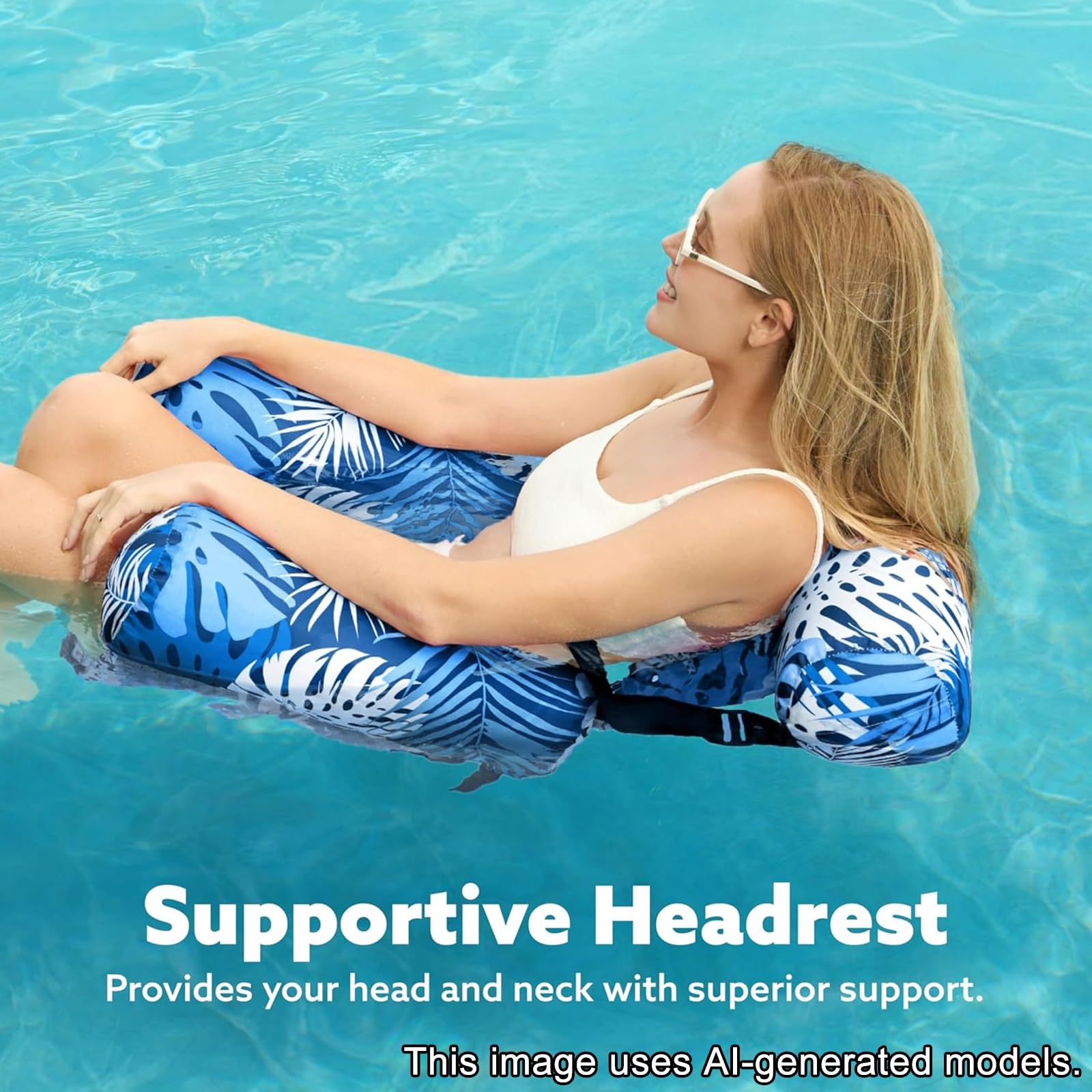 Hamac Gonflable À Motif Tropical avec Appui-tête et Sangles Réglables, Hamac Flottant Portable en PVC pour Piscine, Plage et Lac