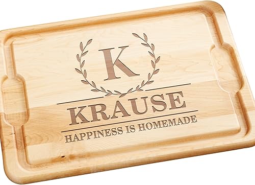 Personalization Universe Laurel Wreath Tabla de cortar de madera dura personalizada, tabla de cortar grabada con pozo de jugo y asas de agarre,