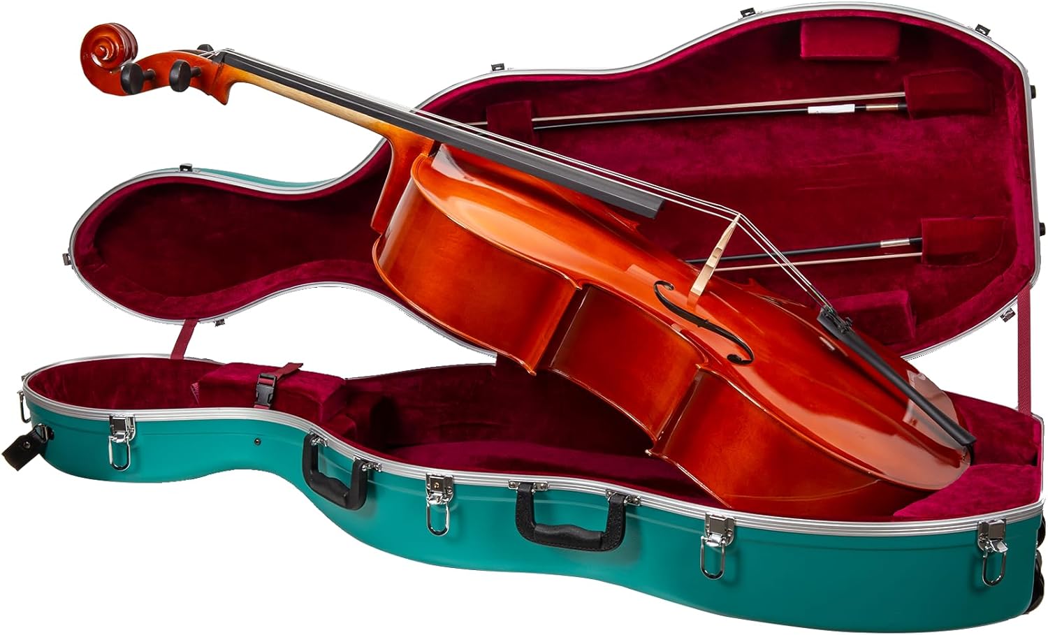 Crossrock 4/4 & 3/4 Cello Case with Wheels | Matte Mint Blue ABS Shell, Wine Red Velvet Interior, Backpack Straps – New Mold Design – (CRA870CEFMB)