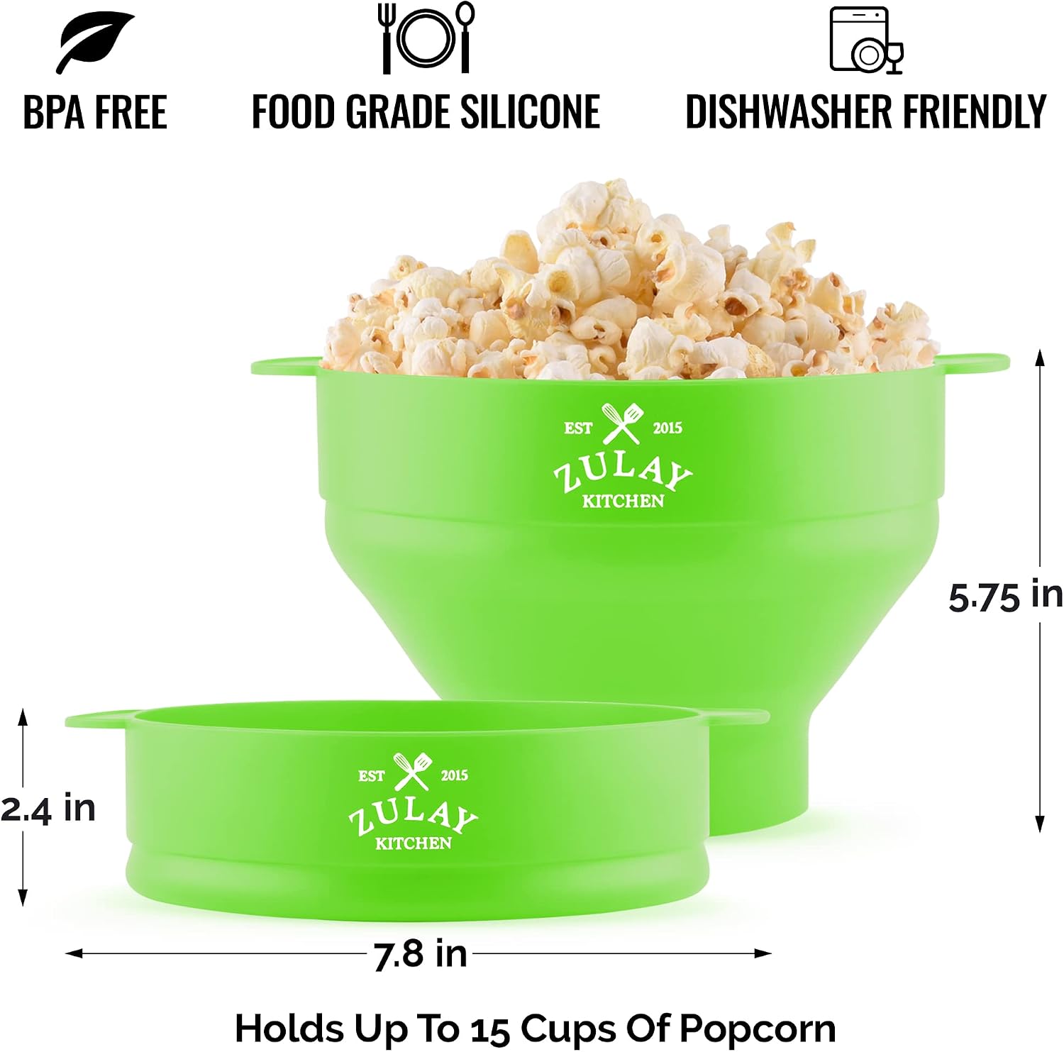 Zulay Kitchen Large Microwave Popcorn Maker - Silicone Popcorn Popper Microwave Collapsible Bowl With Lid - Family Size Microwave Popcorn Bowl - 15 Popcorn Cup Capacity (Bright Green)