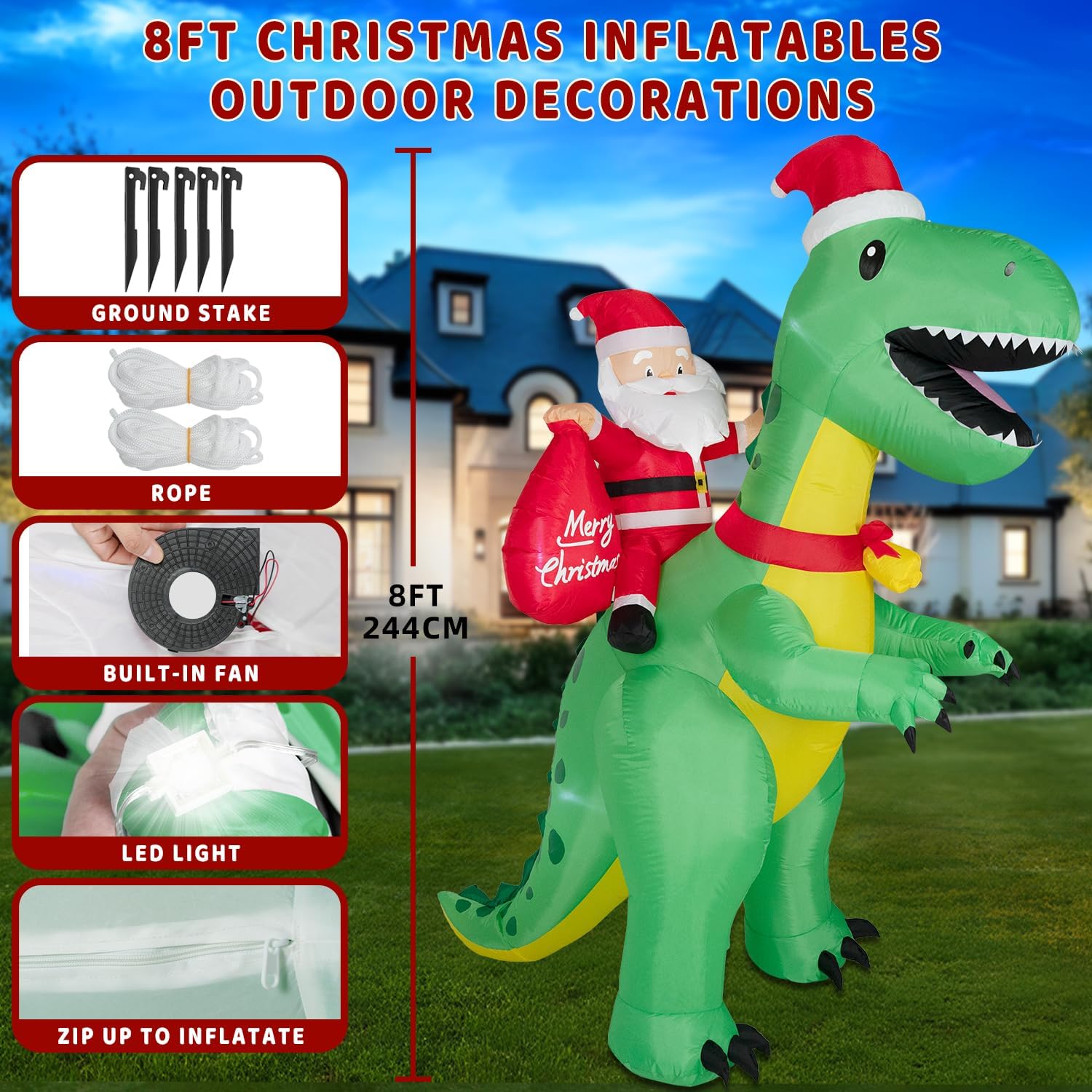 Kendane 8FT Christmas Inflatables Santa Claus Riding Dinosaur,Christmas Inflatables Decorations Outdoor/Indoor, Blow Up Santa Claus Yard Decorations Built-in LED Lights,for Yard/Lawn/Garden.