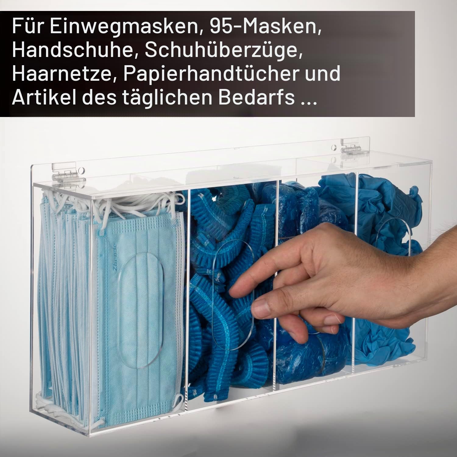 Haarnetz- und Schuhüberzug-Spender, Einwegmaske, Acryl, 4 Behälter, Kunststoff-Handschuhfach, Halterung, transparent, stehend/Wandhalterung, Organisationswerkzeug – Labor, Küche & Restaurant