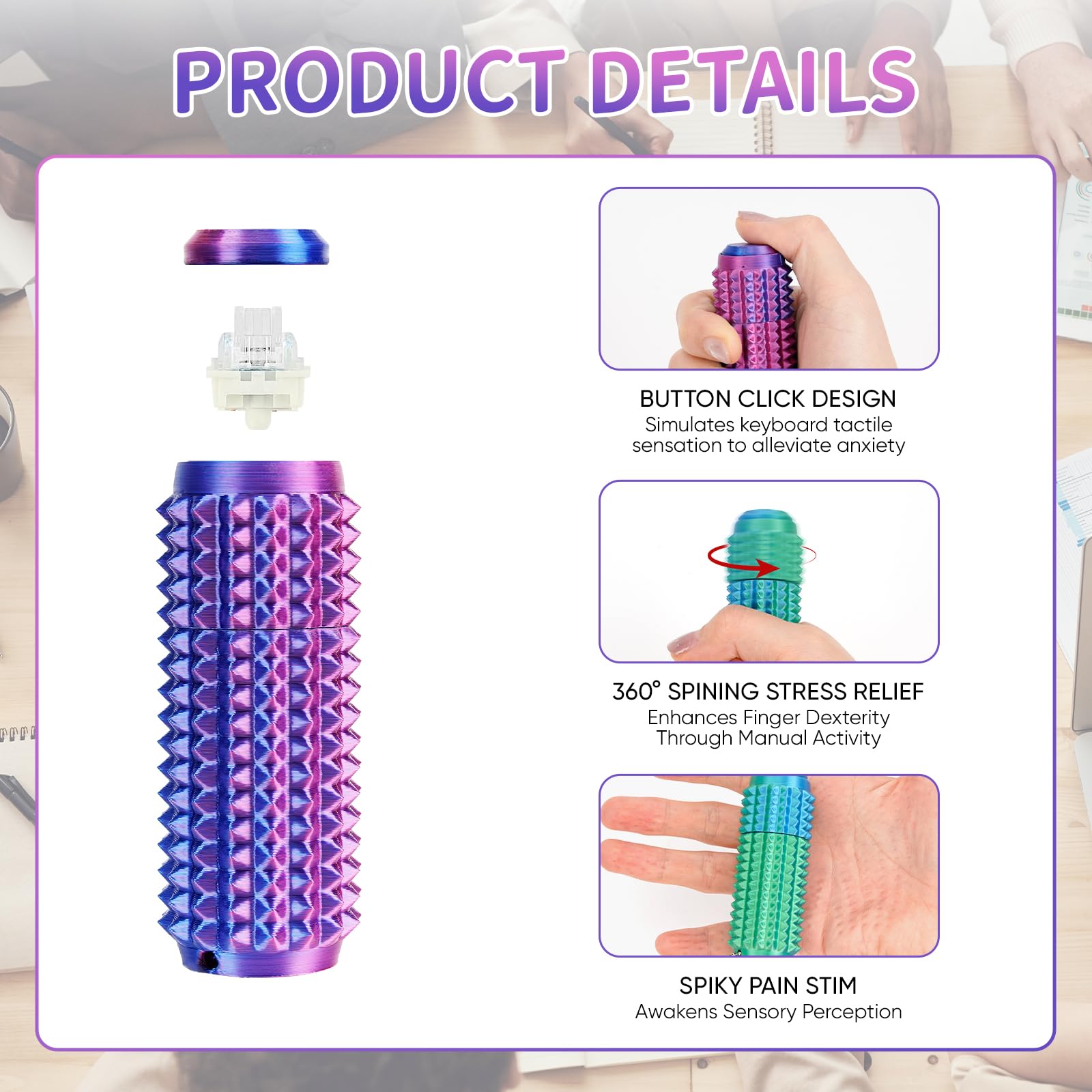 3PCS Spiky Grippie Stim Keychains With Clicker Button & Spinner Stim Fidget Keyring Silent Spiky Fidget Toy for Adults Relax & Focus Novelty Gifts for Work and Study - Image 3