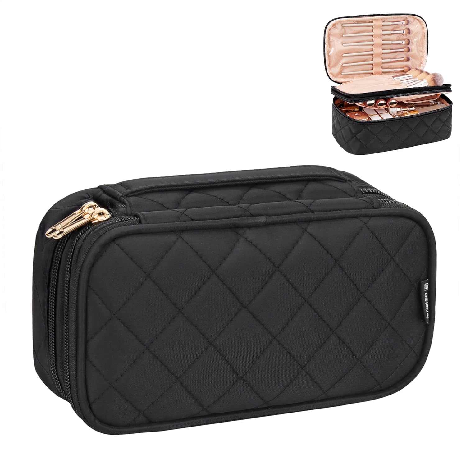 Relavel Makeup Bag, Small Makeup Bag for Women, Travel Cosmetic Bag, 2 Layers Waterproof Makeup Organizer Storage with Makeup Brush Holder, Black Relavel Makeup Bag, Small Makeup Bag for Women, Travel Cosmetic Bag, 2 Layers Waterproof Makeup Organizer Storage with Makeup Brush Holder, Black
