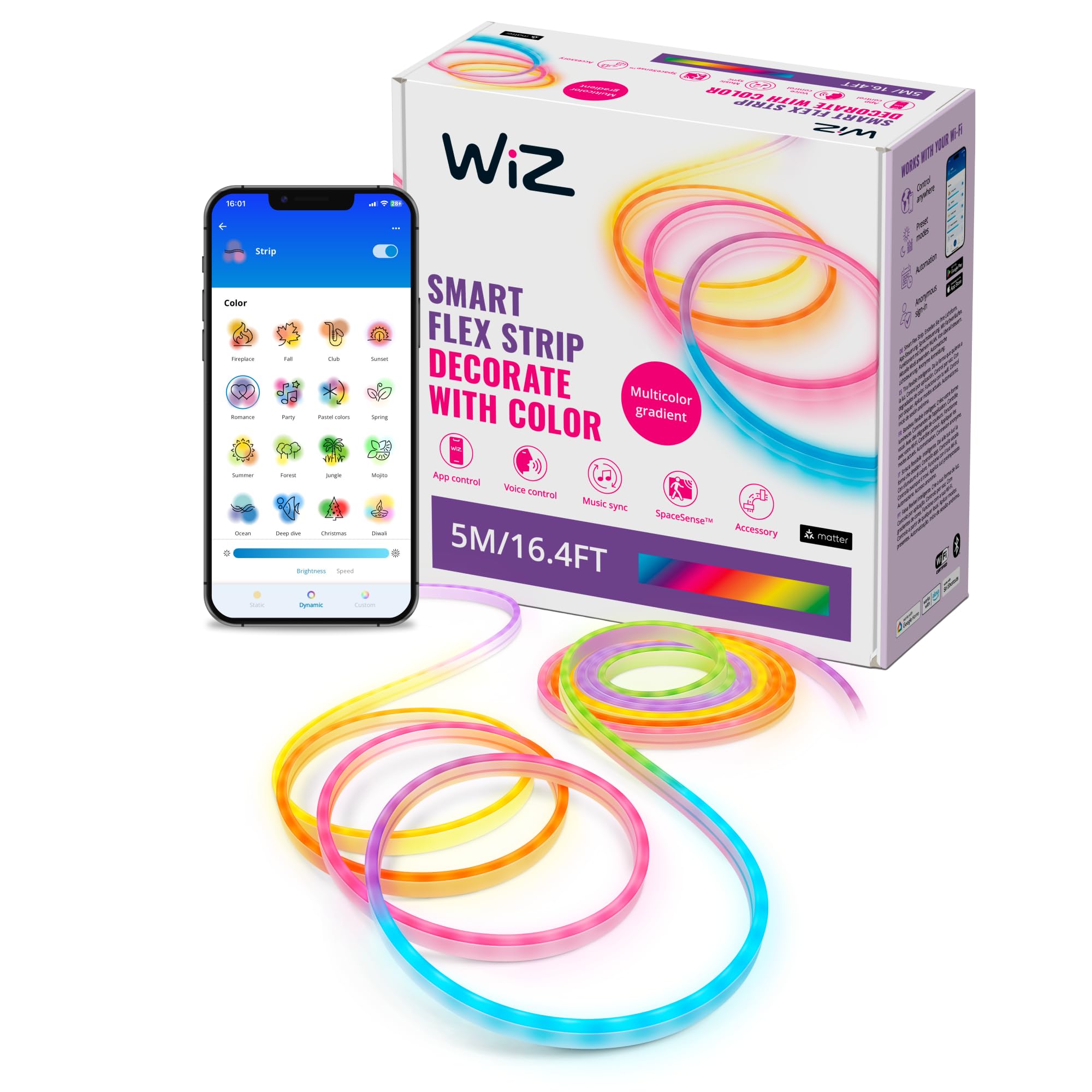 WiZ Tunable White and Color Neon Flex Lightstrip 5m, LED Streifen mit 16 Mio. Farben oder warm- bis kaltweißem dimmbarem Licht, smarte Lichtsteuerung über WLAN per Stimme/App