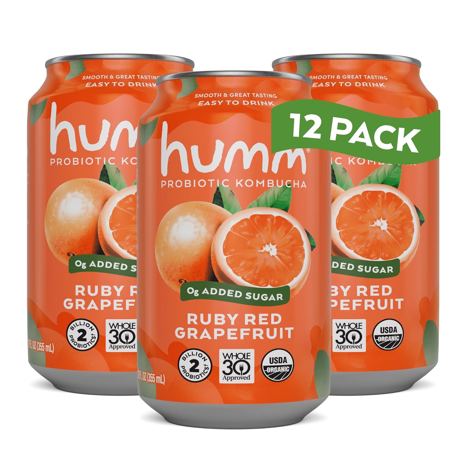 Humm Whole30 Approved Kombucha, Ruby Red Grapefruit, Organic, Vegan & GMO Free (12 Pack)