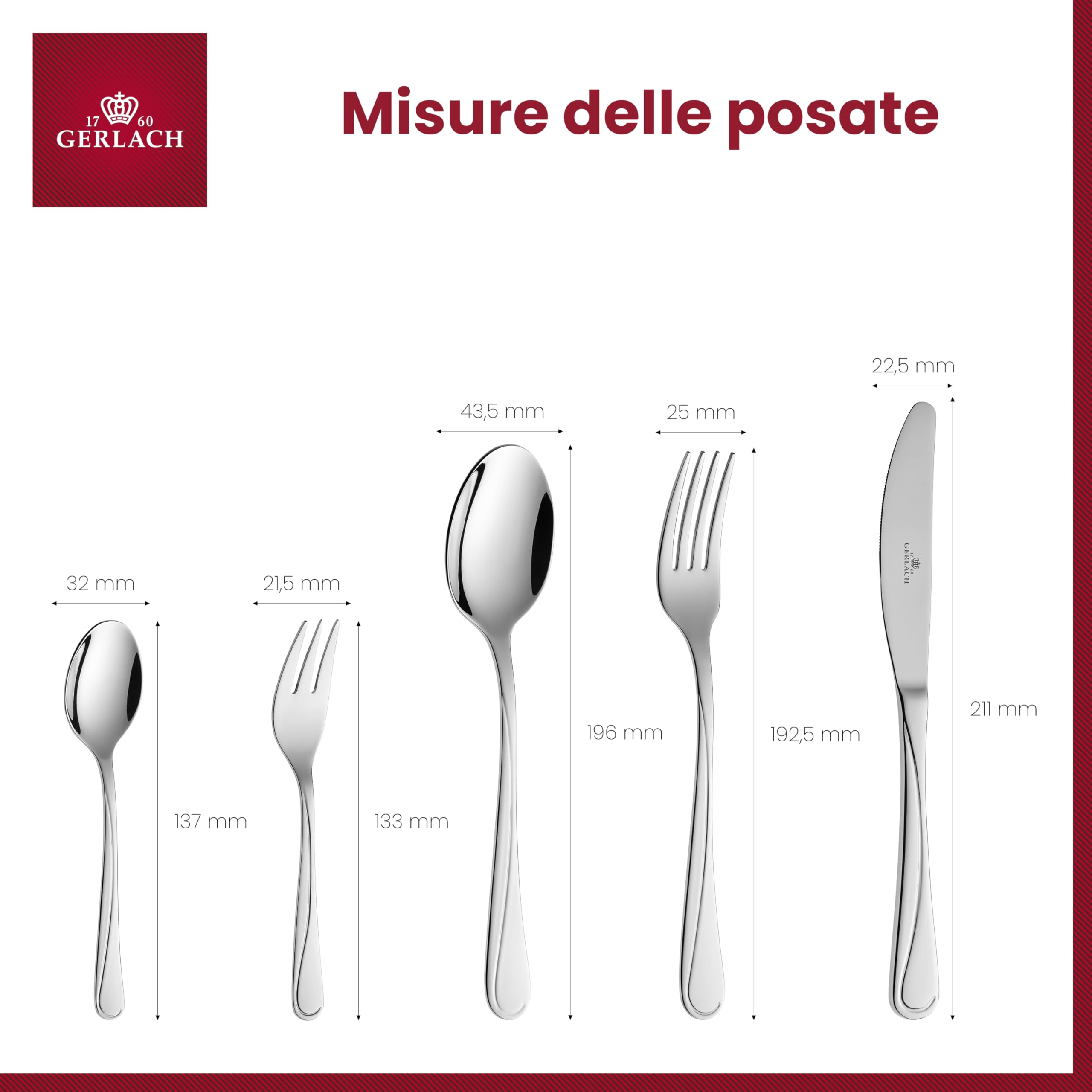 Gerlach 1760, set di posate in acciaio inossidabile per 6 persone, 30 pezzi, lavabili in lavastoviglie, coltello, forchetta, cucchiaio, posate lucide, mango