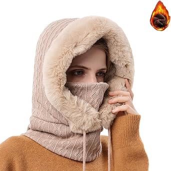 Zhongle Womens Ultra Warm 3 in 1 Beanie Neck Warmer with Face Cover, Pullover Knitted Beanie Hat, Winter Hats for Women