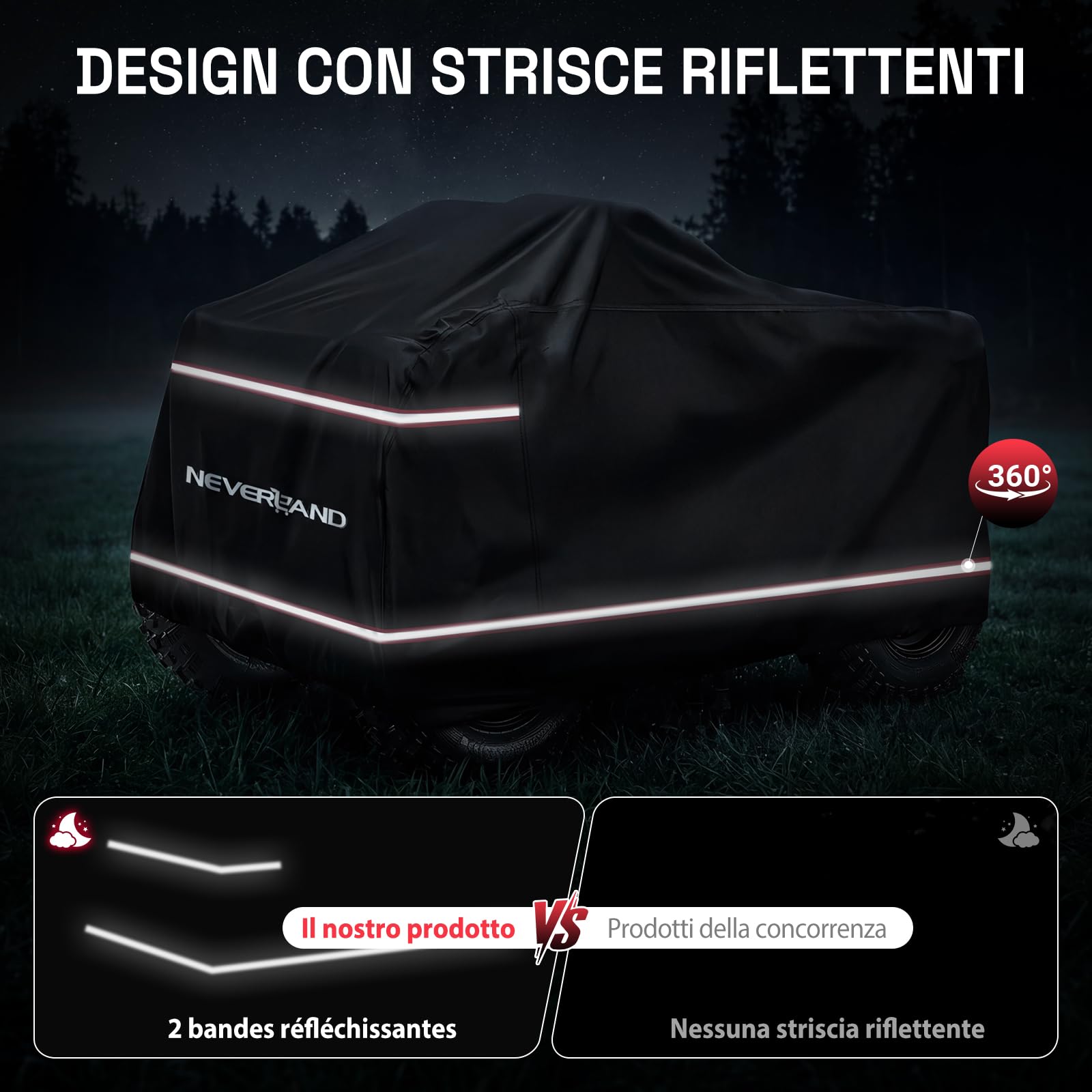 NEVERLAND Copertura ATV Quad 4 Ruote – Quad Protezione Impermeabile Oxford 210D Nero/Rosso con Strisce di Avvertimento Rosse, Elastico e Fibbie Antivento XL (210 x 120 x 115 cm)