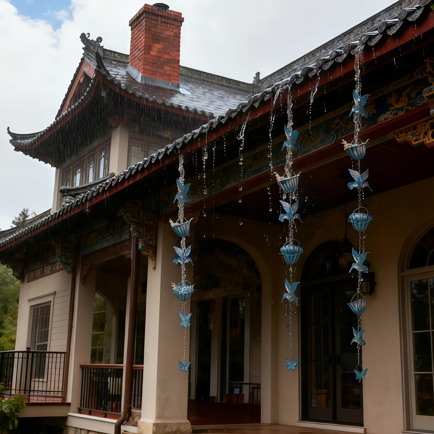 Chaînes de pluie pour gouttières, 2,4 m, vintage, en fer bleu, chaîne de pluie avec 7 colibri et tasses