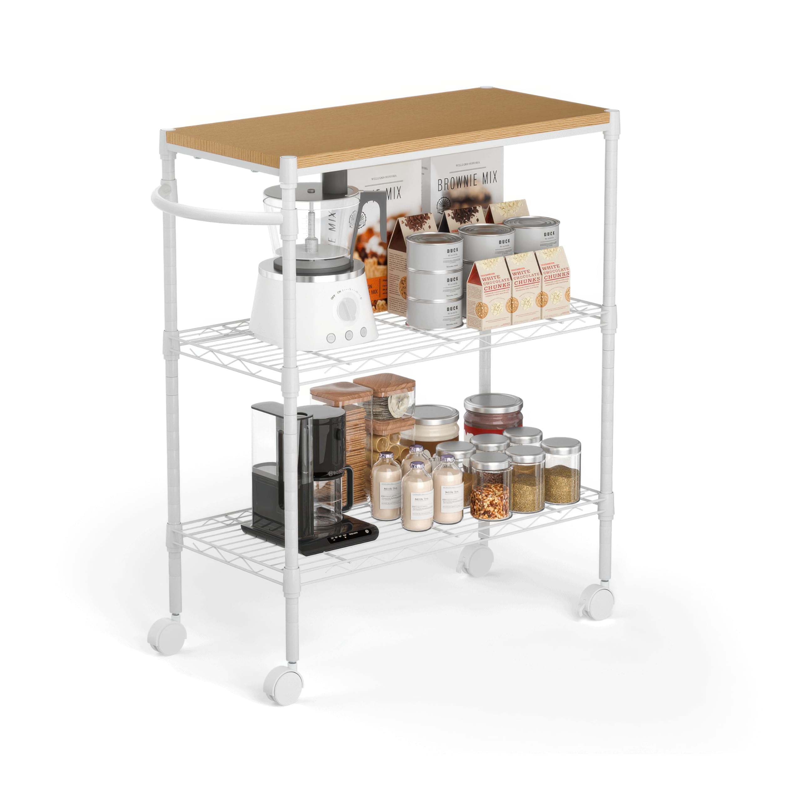 Whitmor 3 Tier Rolling Kitchen Cart,27.6"x10"x21.7”Heavy Duty Metal Storage Cart with Wheels, Adjustable Shelves, Lockable Utility Cart with Wood Top