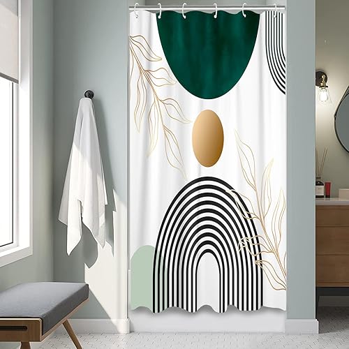 Aipon Cortina de ducha verde de mediados de siglo para baño, cortina de ducha abstracta bohemia de tela moderna impermeable para baño con 12 ganchos