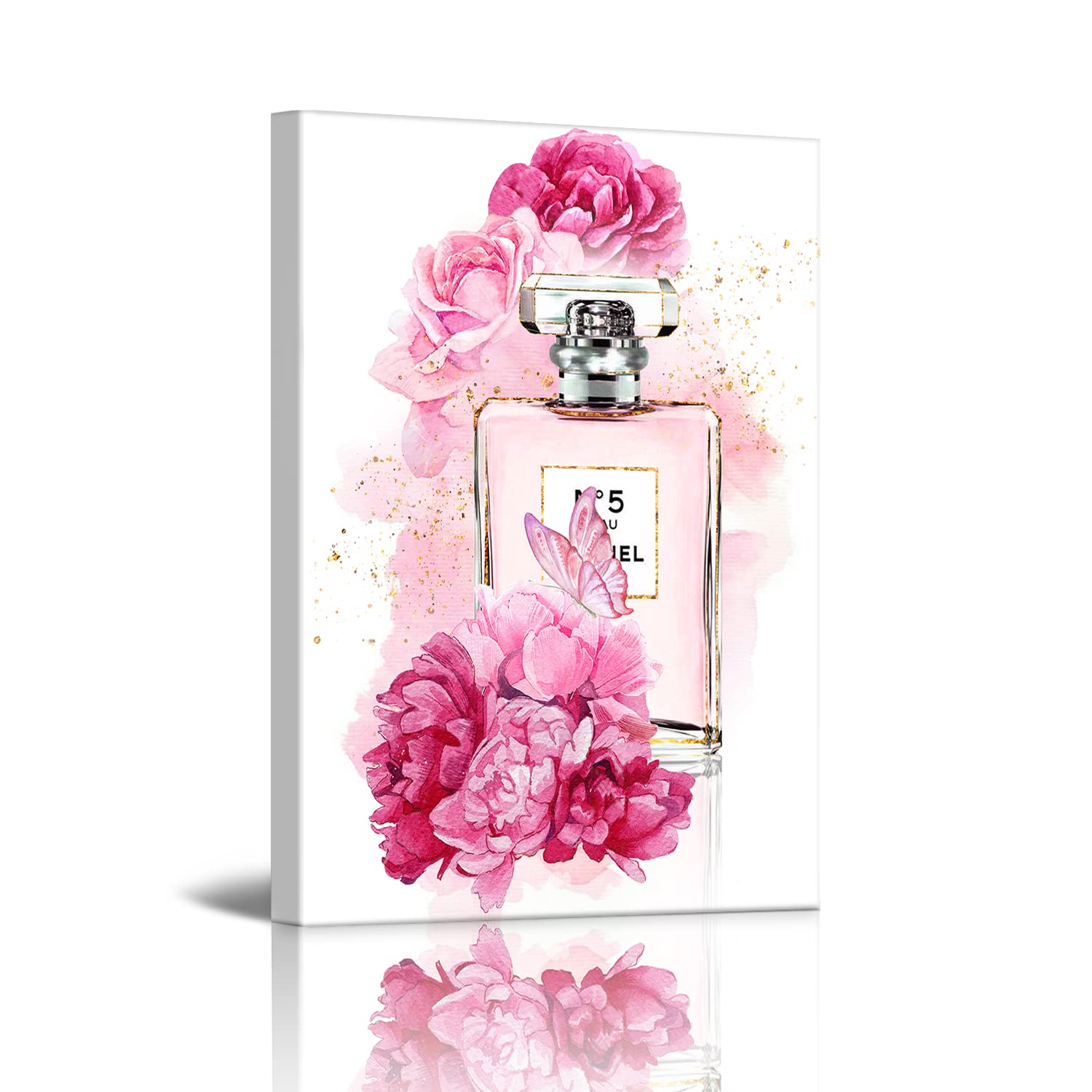 Gonqtoz Pink Flowers Painting Canvas Wall Art Decor Fashion Perfume Prints Artwork Women Poster for Girls Gift Bedroom Bathroom Office Dressing Room With Framed Ready to Hang Size 12x16 inch