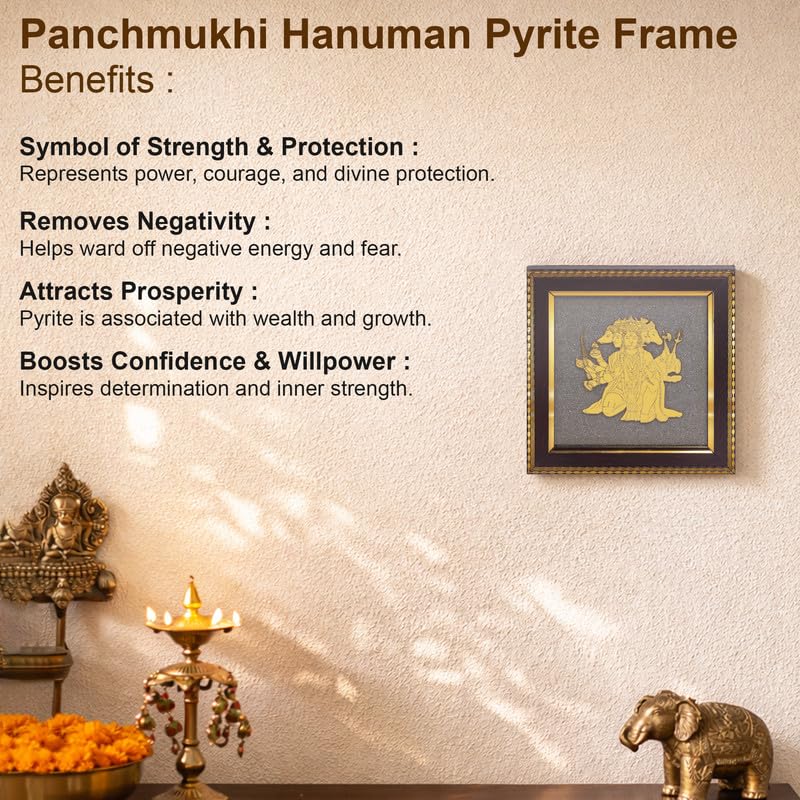 Image of Hanuman Ji Wall Frame for Protection & Strength, Gold Finish Spiritual Wall Decor for Home, Office & Vastu Placement