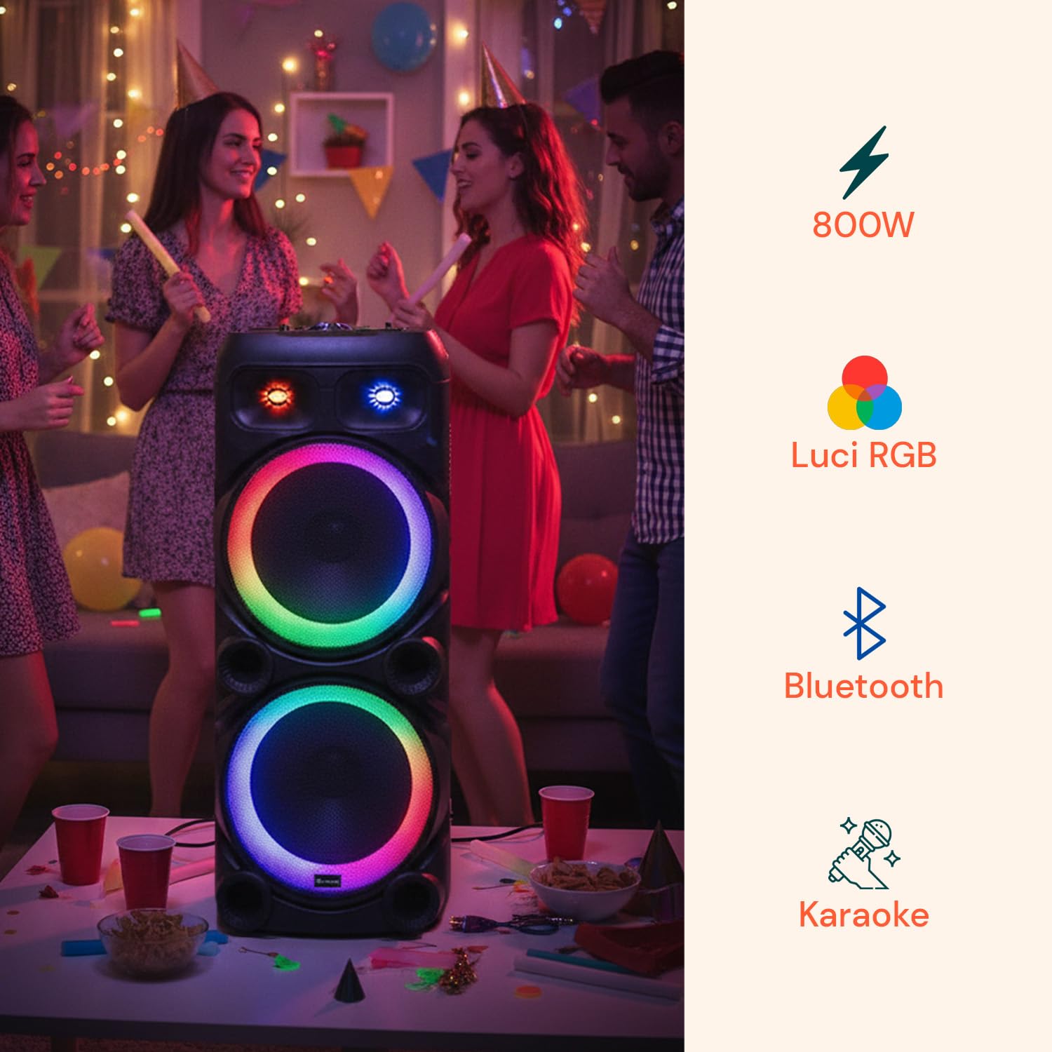 Avilia – Cassa Bluetooth 800W con Microfoni Wireless, Luci LED RGB e Telecomando | Speaker Portatile Potente per Karaoke e Feste, Batteria Ricaricabile fino a 8 Ore di Autonomia