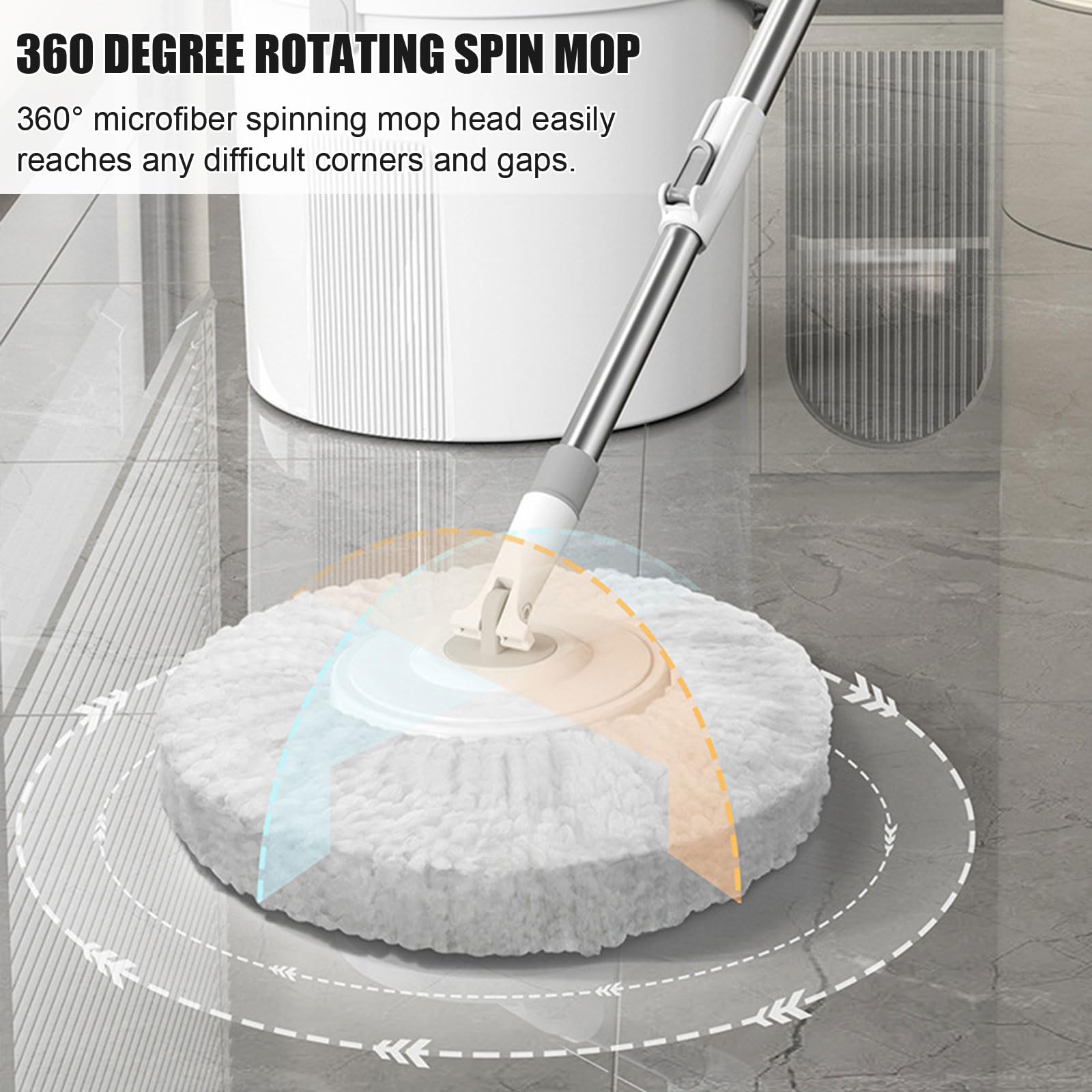 Juego de Cubo y fregona giratoria Cabezal de trapeador de Microfibra Giratorio de 360° con autoescurrido para Pisos de mármol, baldosas de Madera,3 Microfiber Mop Heads