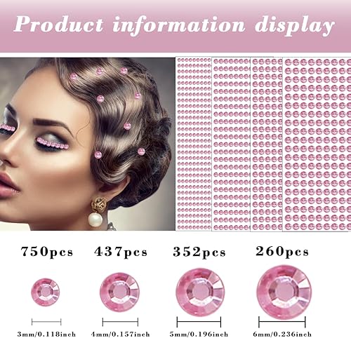Miniatura 3 de 1792 calcomanías de perlas para la cara, gemas rosadas, diamantes de imitación autoadhesivos para cabello, ojos, uñas, maquillaje, cuerpo,