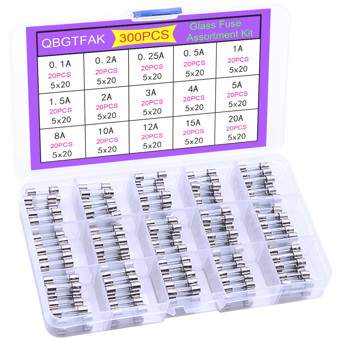 QBGTFAK 15 Values 300pcs Quick Blow Glass Tube Fuse Assorted Kit 250V 0.1A, 0.2A, 0.25A, 0.5A, 1A, 1.5A, 2A, 3A, 4A, 5A, 8A, 10A, 12A, 15A, 20A, 5x20mm Tube Fuses with Plastic Box (5x20mm)