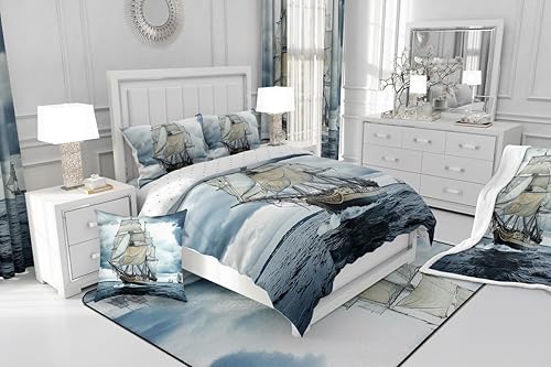 Miniatura 4 de Erosebridal Juego de funda de edredón náutica, tamaño Queen, diseño retro de velero, para niños, adolescentes, niños, funda de edredón con temática