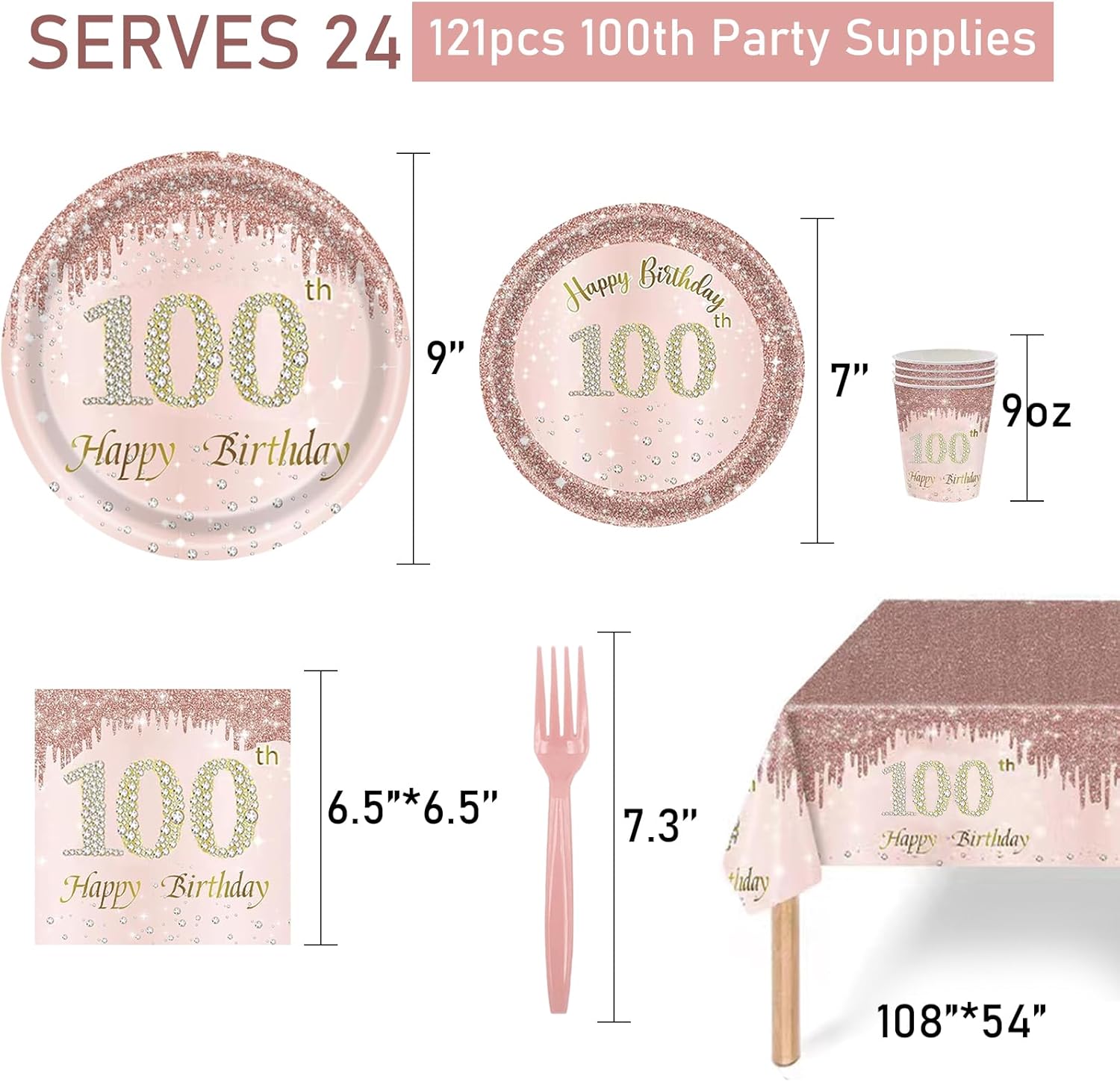 121Pcs 100th Birthday Party Supplies Plates Napkins Cups Forks Tablecloth Rose Gold Happy 100th Birthday Themed Disposable Tableware Decorations Serves 24 Guests for Women 100 Years