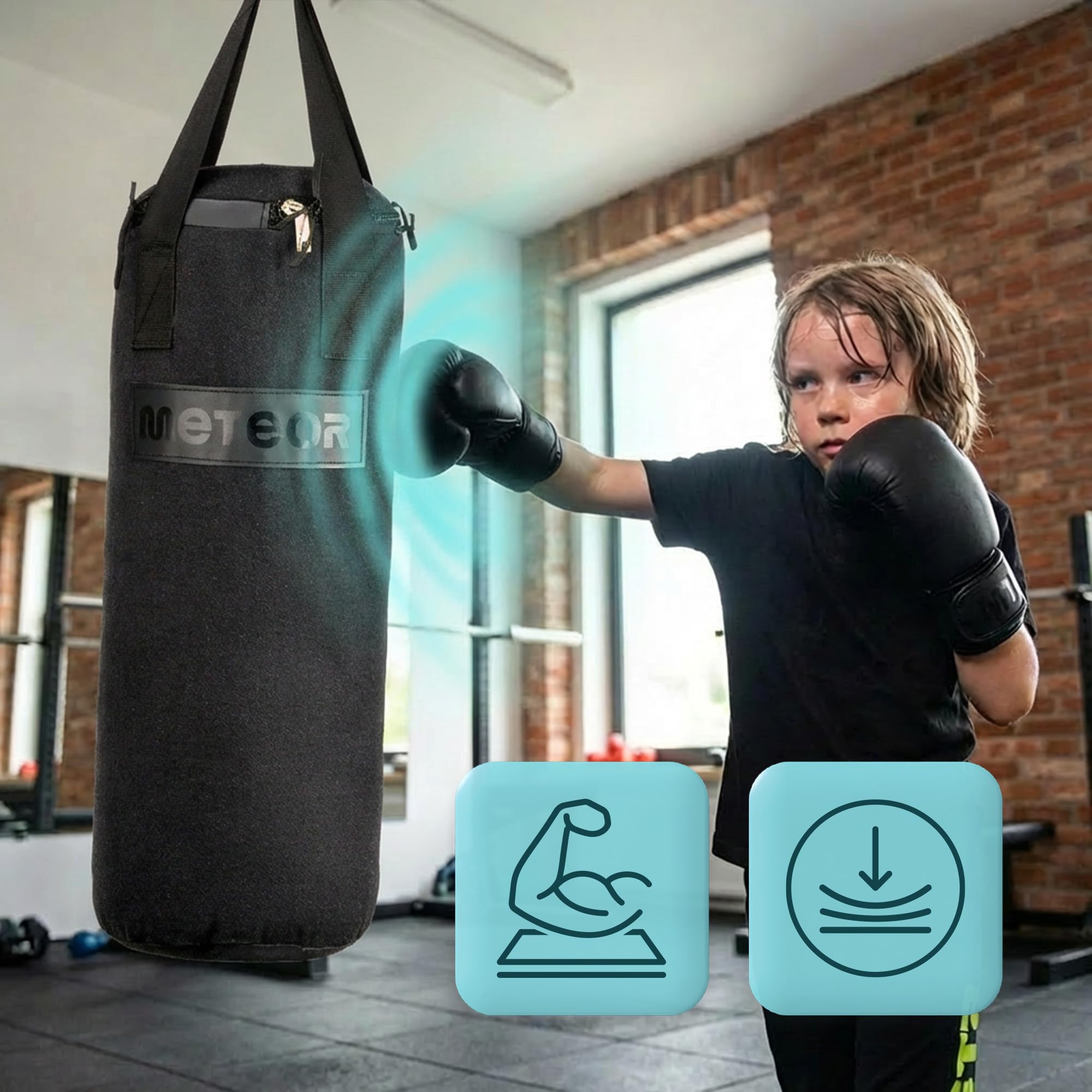 meteor Kinder Boxsack‑Set – 6 kg schwarzer Tarpaulin Boxsack 66×23 cm + 6 oz Schwarze Handschuhe – recyceltes Füllmaterial – Anfänger Trainingsset für Boxen, Kickboxen & Muay Thai Sport & Freizeit