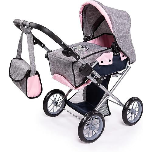 Bayer Design Dolls: Pram City Star - Grey, Pink, Butterfly - Matching Handbag, Convertible to A Pushchair, Adjustable Handle, Foldable, Integrated Basket, Ages 3+