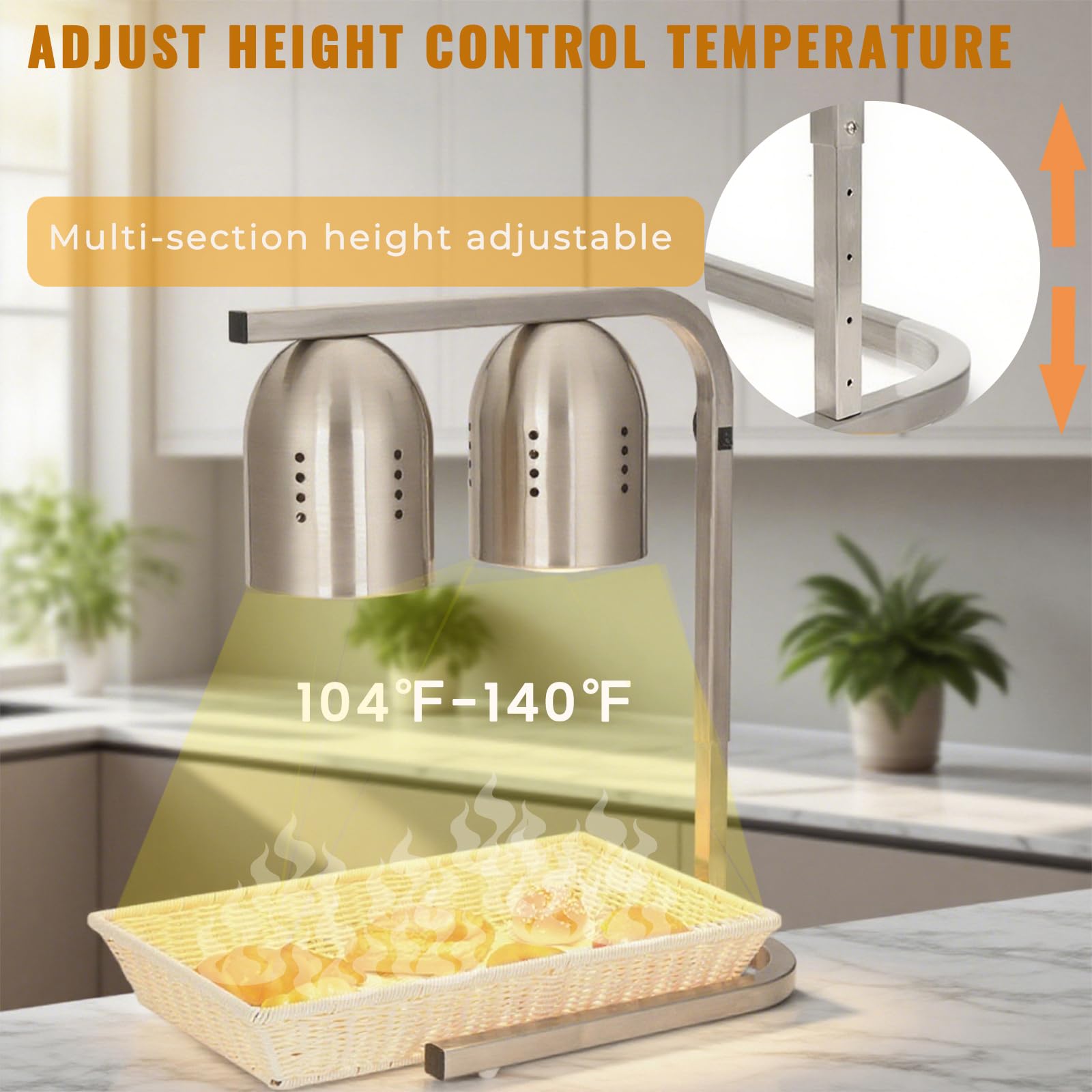Lámpara de calor portátil comercial Calentador de alimentos de 2 bombillas Independiente, lámpara de calefacción de buffet de metal de 550 W y luz de calentamiento para restaurante buffet,Plata