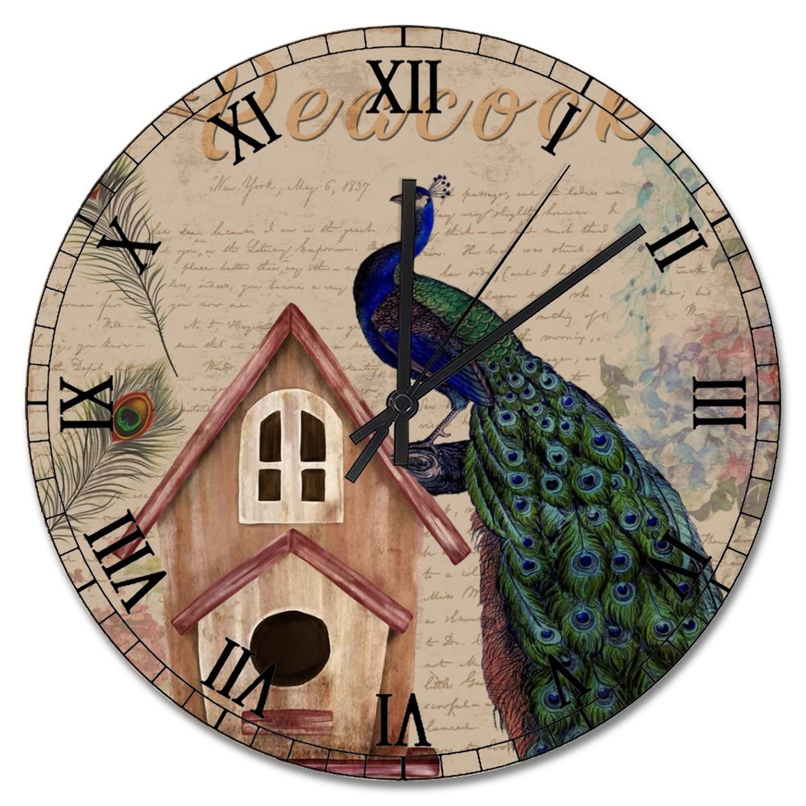 Horloge murale vintage paon et fleurs avec finitions soignées
